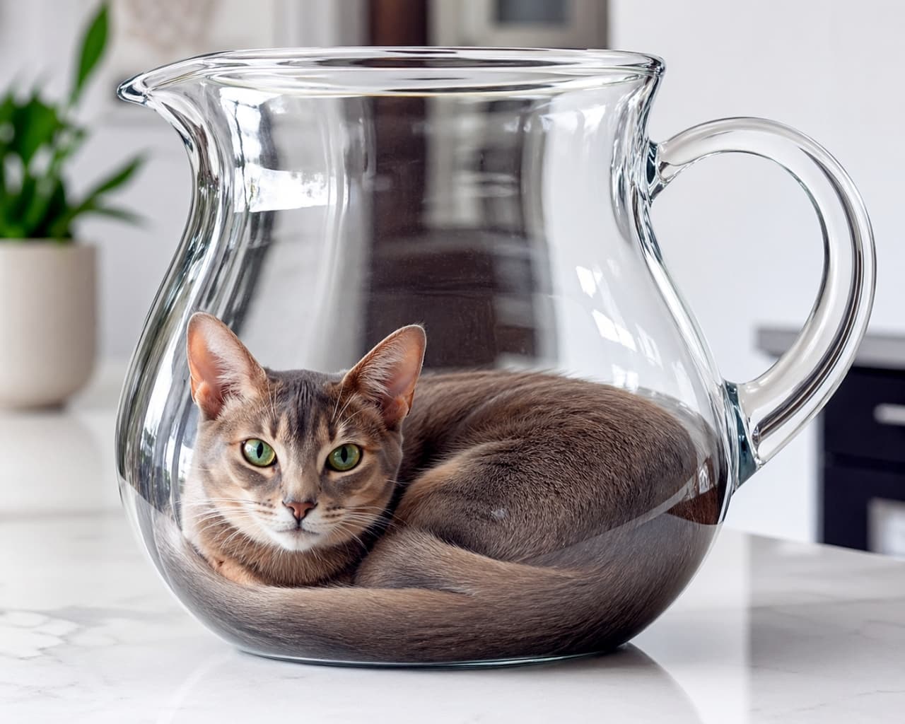 「透明なピッチャーにすっぽりフィット🐈✨ひんやり涼しくて気持ちいいのかな？不思議そうな表情がたまらない！💖」Ultra-realistic high-quality photograph of an Abyssinian-style cat sitting inside a clear glass pitcher on a white counter in a bright kitchen. 明るいキッチンの白いカウンターに置かれた透明なガラスのピッチャーの中にすっぽりと収まり、不思議そうにカメラを見つめるアビシニアン風の猫の高画質写真