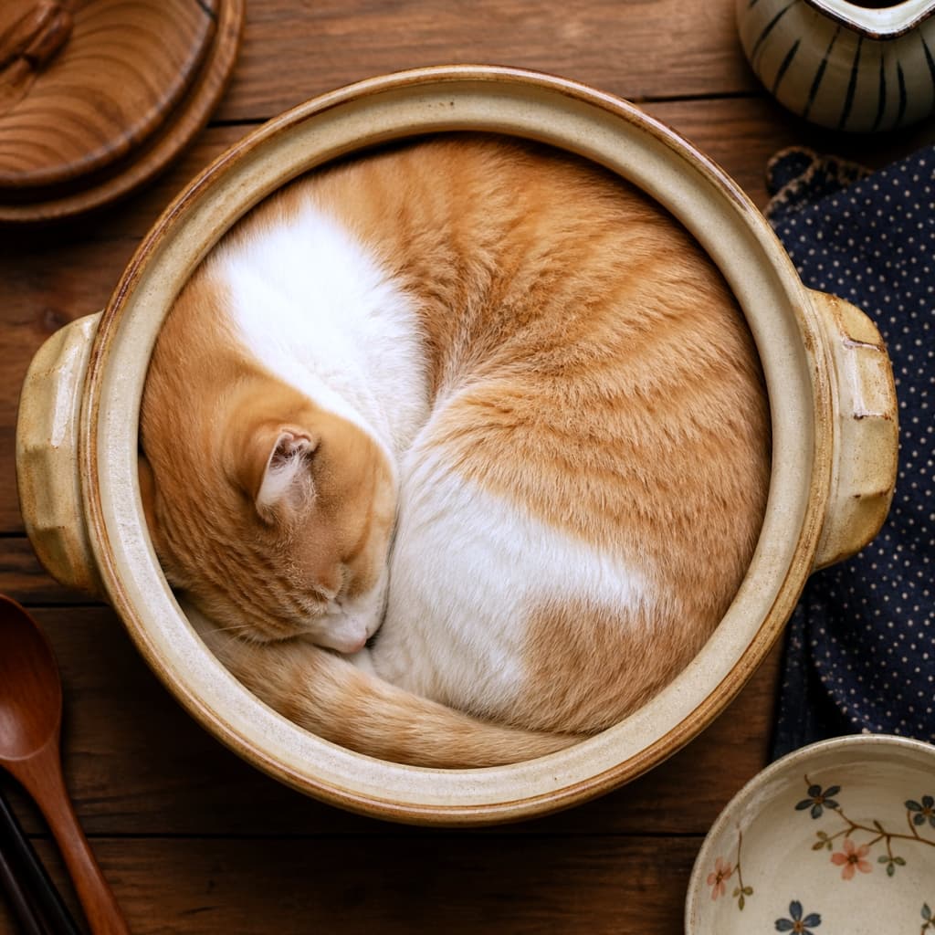 「最高の「猫鍋」完成です！🍲✨ 土鍋のカーブに沿って丸くなる姿は、見てるだけで心がポカポカ🧡 #猫鍋 #冬の癒やし」Ultra-realistic high-quality photograph of a ginger and white cat sleeping curled in a perfect circle inside a Japanese ceramic pot. Top-down view showing a symmetrical composition. 陶器の土鍋の中で、頭を丸めてぐっすり眠る茶白猫を真上から捉えたショット。土鍋の円形と猫の丸まり方がシンメトリーな構図