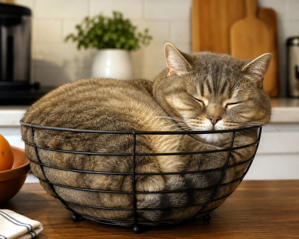 「ここはフルーツ入れじゃニャイよ？🍎💤 ワイヤーバスケットにぴったり収まって熟睡中のお茶目な一枚🐈」Ultra-realistic high-quality photograph of a cat sleeping peacefully curled up inside a black wire basket on a kitchen counter. The background features a clean kitchen setting with white tiles, a potted plant, and a fruit bowl. キッチンのカウンターに置かれた黒いワイヤーバスケットの中で、丸まって気持ちよさそうに眠る猫のリアルな写真。背景には清潔感のある白いタイルや観葉植物、フルーツボウルなどが配置されている