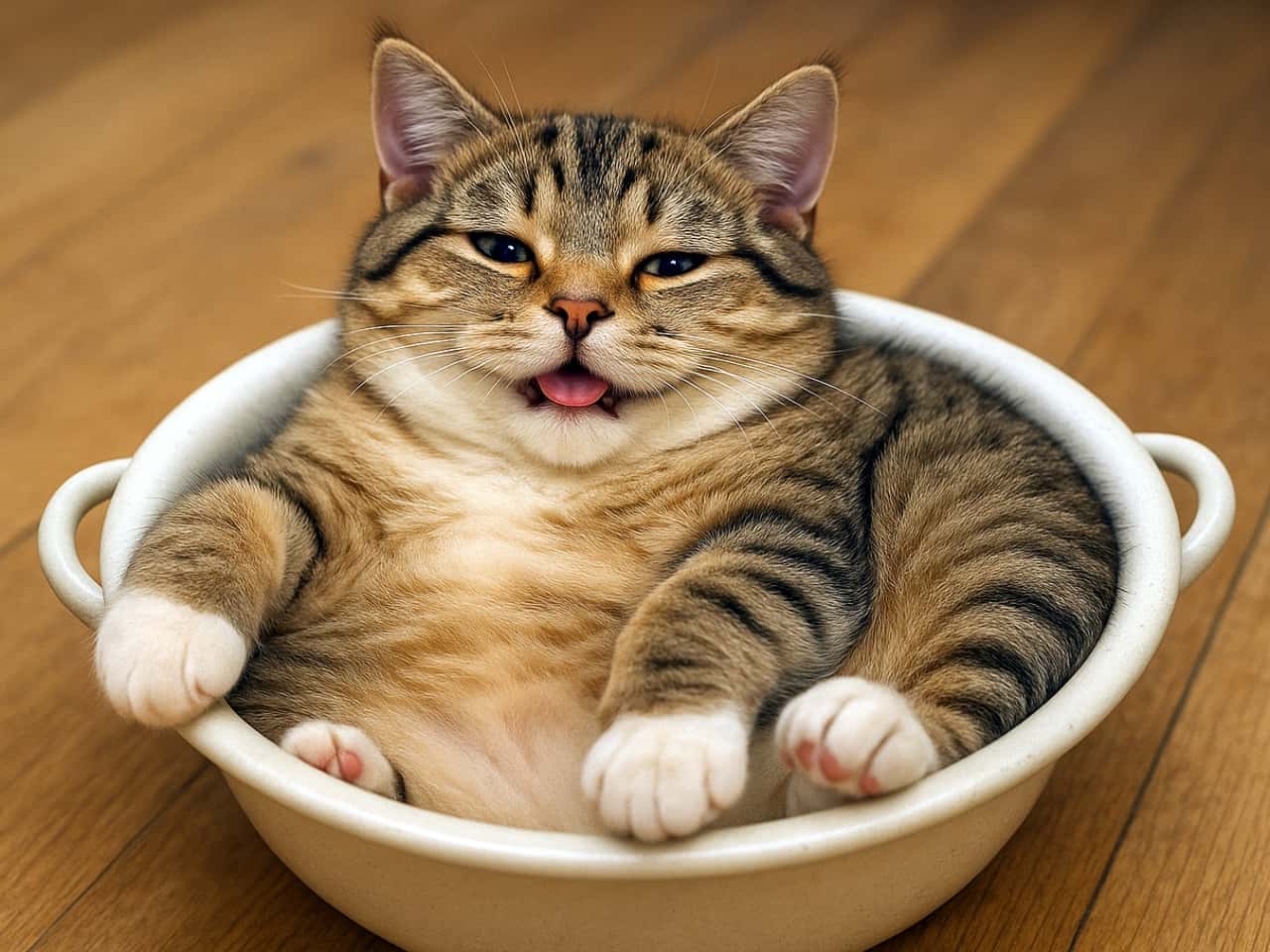 「ボウルにすっぽり!ゴキゲンぽっちゃり猫」取っ手付きの白いボウルに仰向けで収まるぽっちゃり茶トラ猫。リラックスした表情で舌を少し出している。/ A chubby tabby cat lounging on its back in a handled white bowl, looking relaxed and playful with tongue slightly out.