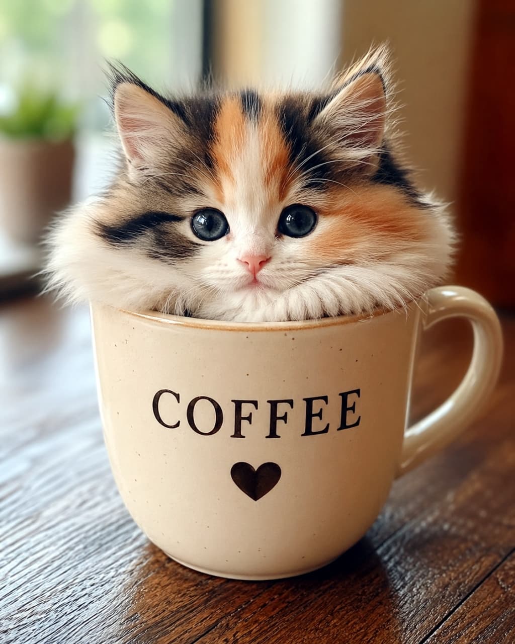 「コーヒーマグにすっぽり！三毛子猫ちゃん☕️今朝の一杯は「可愛さマシマシ」で！☕️✨ マグカップに収まるサイズ感に、朝から癒やしフルチャージ💖 #猫のいる暮らし #子猫」Ultra-realistic high-quality photograph of a fluffy long-haired calico kitten sitting inside a beige coffee mug labeled "COFFEE". The kitten has large expressive eyes, set against a soft blurred indoor background. ベージュのコーヒーマグに入った、ふわふわの長毛三毛子猫のアップ。つぶらな瞳でこちらを見つめる愛らしい表情。背景は柔らかなボケ感のある室内