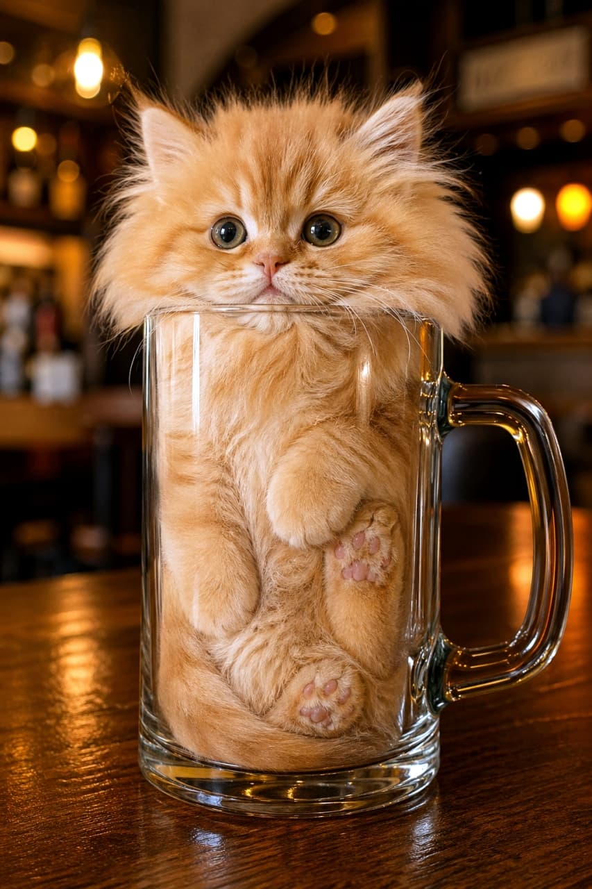 「ジョッキにみっちり詰まったもふもふ子猫🐱🍺ガラス越しに見えるピンクの肉球が反則級の可愛さです💕おかわり！」Ultra-realistic high-quality photograph of a fluffy orange long-haired kitten tightly packed inside a clear glass beer mug, with soft pink paw pads visible, against a warm bar-like background. バーのような温かい照明と玉ボケを背景に、透明なガラスのビールジョッキにみっちりと入った、ふわふわの長毛のオレンジ色の子猫の高画質写真。ガラス越しにピンクの肉球が透けて見えている