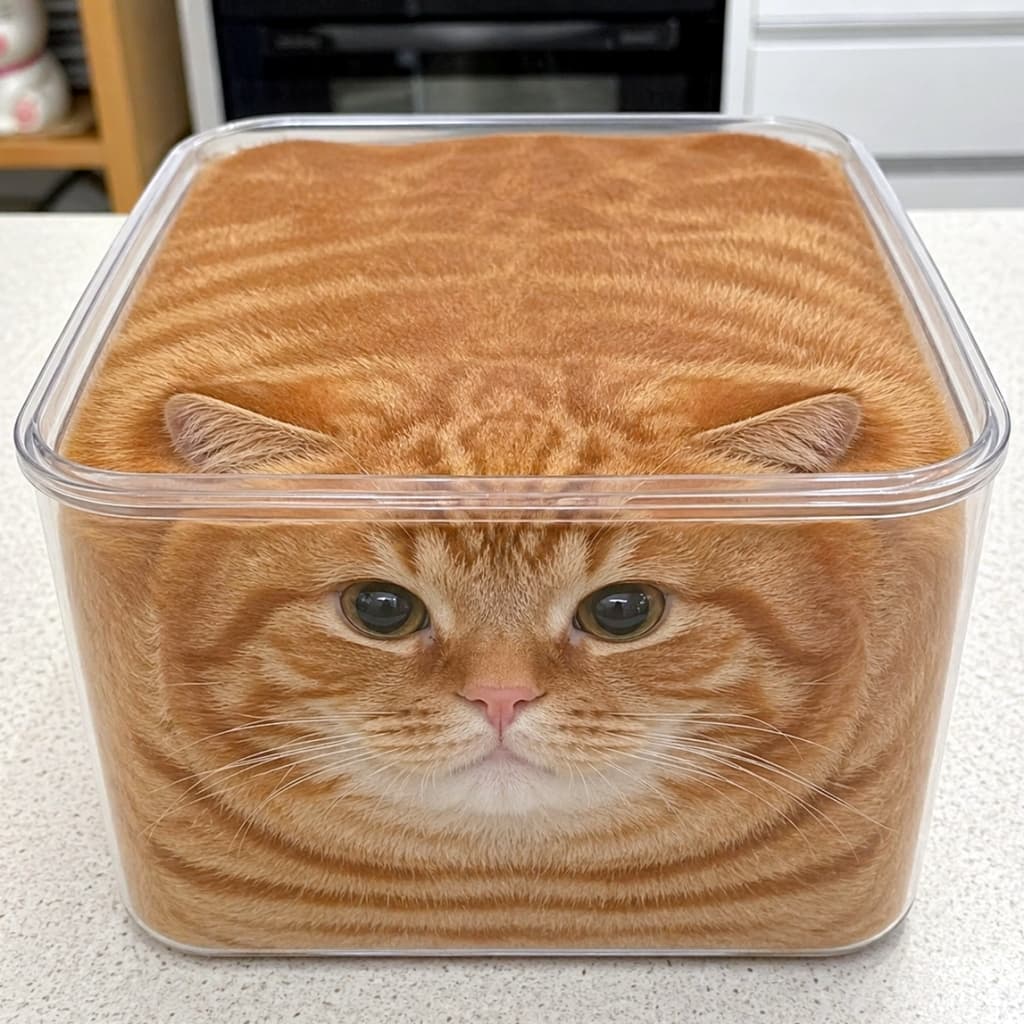 「四角い容器にジャストフィット！📦✨もはや猫というより、ふわふわの「猫パン」みたいで可愛すぎる…！ジャストサイズすぎて動けないのかな？🍞🐈」A fluffy ginger tabby cat perfectly squeezed into a square transparent plastic container, taking on a cube shape. Its face is pressed against the glass, looking forward with wide eyes and slightly flattened ears, while its fur pattern forms horizontal stripes across the "cube." 透明な正方形のプラスチック容器にすっぽりと収まり、文字通り「立方体（キューブ）」のような姿になった茶トラ猫。顔を正面に押し付け、丸い瞳でこちらを見つめています。耳は容器の縁に沿って平らになり、体毛の縞模様が容器の形に沿って綺麗に並んでいます