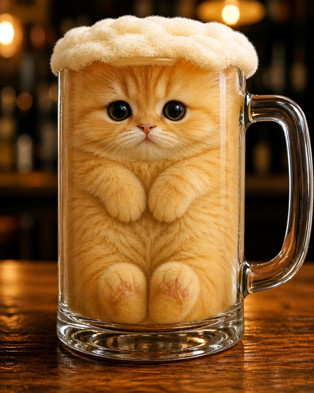 「お疲れ様の一杯にいかが？🍻 ビールジョッキにすっぽり収まった茶トラちゃんに癒やされちゃおう🐈✨」Ultra-realistic high-quality photograph of a ginger kitten sitting inside a glass beer mug. The kitten has fluffy foam-like material on its head, resting its paws neatly while looking forward. The background is a dimly lit bar counter. ビールジョッキの中にすっぽり収まった茶トラの子猫のリアルな写真。頭にはビールの泡のようなフワフワが乗っており、前足をちょこんと揃えてこちらを見つめている。背景は薄暗いバーのカウンター