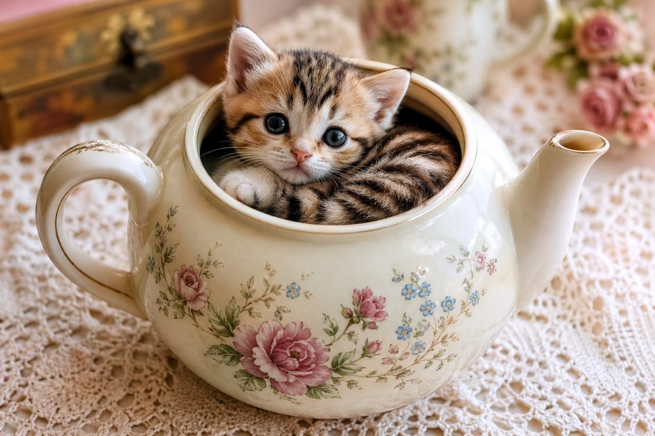 「ティータイムにいかが？🫖🌸美しい花柄のティーポットからひょっこり顔を出す子猫ちゃん、甘くて癒される最高のひとときをお届け🍰💖」A tiny tabby kitten with striking eye markings sitting inside an elegant, cream-colored ceramic teapot decorated with pink roses and blue flowers, placed on a white lace doily. ピンクのバラや青い小花が繊細に描かれたエレガントなクリーム色の陶器製ティーポットの中に入り、白いレースのドイリーの上に置かれた、印象的な目元の模様を持つ小さな子猫