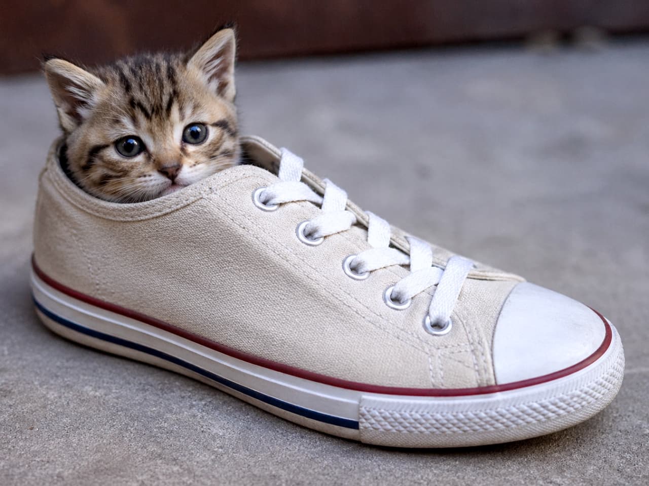 「「僕も連れてって！」👟🐾 お出かけの準備を邪魔しちゃう、わんぱくな子猫にメロメロ！💖 #猫のいる生活 #スニーカー」Ultra-realistic high-quality photograph of a tiny tabby kitten peeking out from inside a beige canvas sneaker on a concrete floor. Sharp focus on the kitten's face. ベージュのキャンバススニーカーの中から顔を出す、小さなキジトラ子猫。好奇心旺盛な眼差しで外を伺っている様子