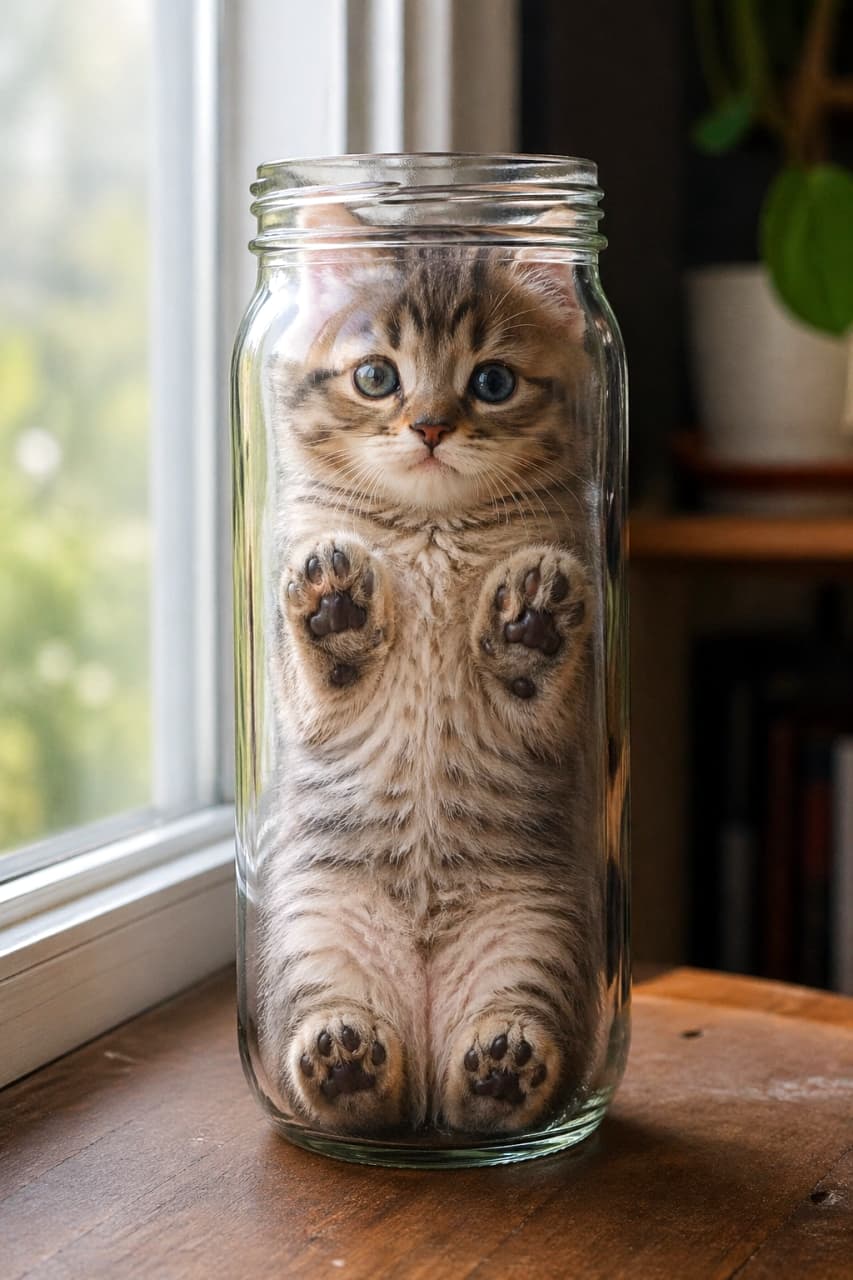 「瓶詰め猫ちゃん発見！🐾 むぎゅっと押し付けられた肉球とクリクリのおめめにキュンとしちゃう🥺✨」Ultra-realistic high-quality photograph of a tabby kitten fitting perfectly inside a clear glass jar by a window. The kitten's paw pads are pressed against the glass, with natural light and greenery visible in the background. 窓辺の透明なガラス瓶の中にすっぽりと収まり、こちらを見つめるキジトラ子猫のリアルな写真。肉球が瓶の内側にピタッとくっついており、背景には窓から差し込む自然光と緑が見える