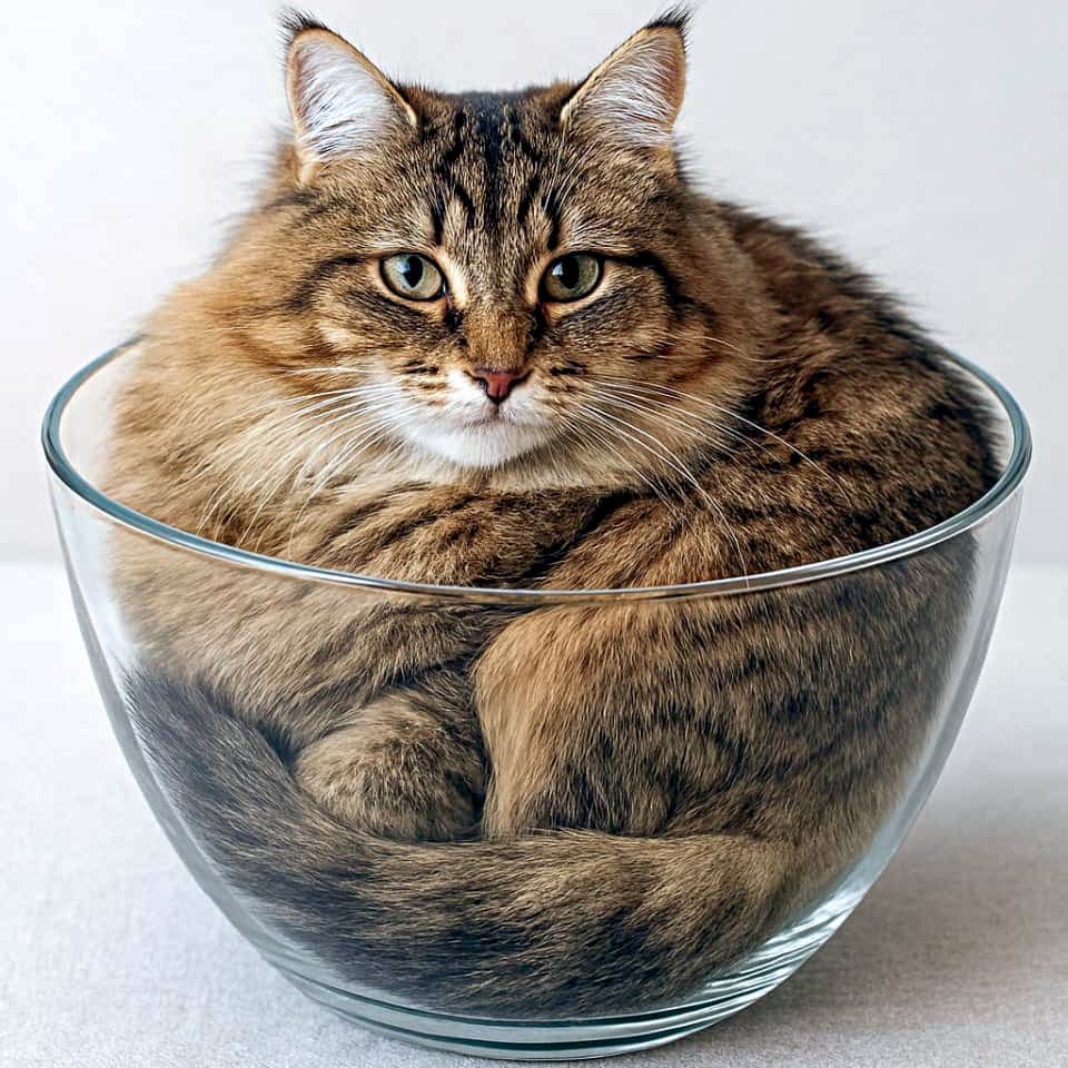 「これぞ噂の「猫は液体」の証拠写真！透明ボウルにすっぽり収まる姿が可愛すぎるガラス猫ちゃん💘🐈 #猫は液体 #もふもふ」An ultra-realistic high-quality close-up photograph of a long-haired brown tabby Maine Coon cat perfectly fitting inside a clear glass bowl, staring intently forward with bright amber eyes under cinematic studio lighting that highlights its thick fur texture and majestic ear tufts. 完全にインテリアと化した透明なガラスボウルの中に、大きな体を驚くほどしなやかに丸めてすっぽりと収まった、メインクーン風の長毛種のキジトラ（ブラウンタビー）猫。耳の先端にある立派なタフト（房毛）と、美しくカールした長いひげが特徴的。アンバー（琥珀色）の大きな瞳を輝かせ、何かを催促するような好奇心に満ちた表情でカメラをじっと見つめている。背後から差し込む柔らかな光がガラスを透過し、豊かで重厚な被毛のグラデーションとラグジュアリーな毛並みの1本1本をドラマチックに照らし出しているクローズアップ写真