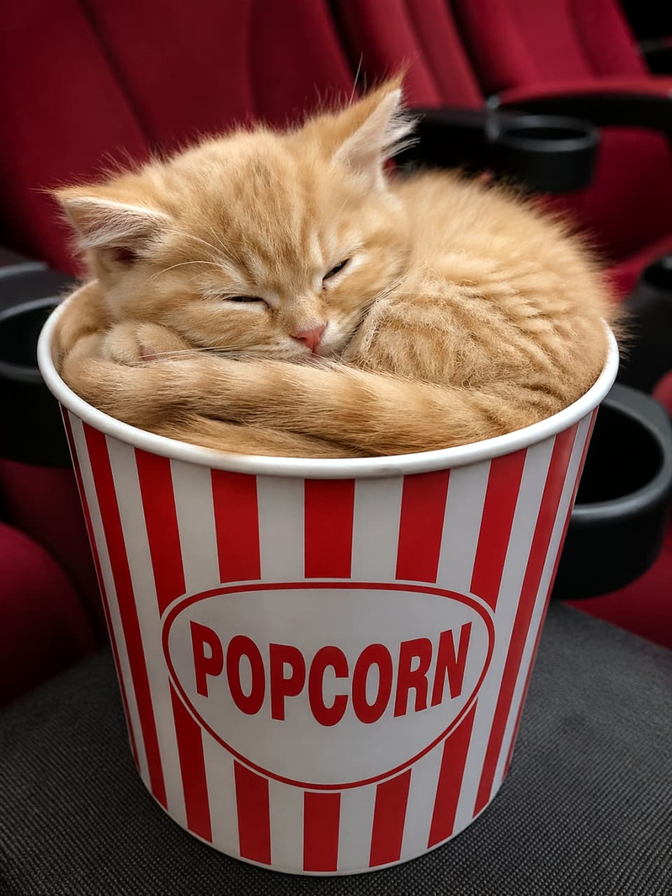 「映画館の特等席はここ！🍿🎬ポップコーンバケツにすっぽり収まって爆睡中の茶トラ子猫ちゃん。映画より君に夢中になっちゃうよ🤤❤️」A fluffy orange kitten soundly asleep, completely filling a classic red and white striped popcorn bucket that says "POPCORN", sitting on a dark seat in a movie theater. 映画館の暗いシートの上に置かれた、「POPCORN」と書かれたクラシックな赤と白のストライプ柄のポップコーンバケツにすっぽりと入り込み、はみ出んばかりの状態でぐっすり眠っているふわふわの茶トラの子猫