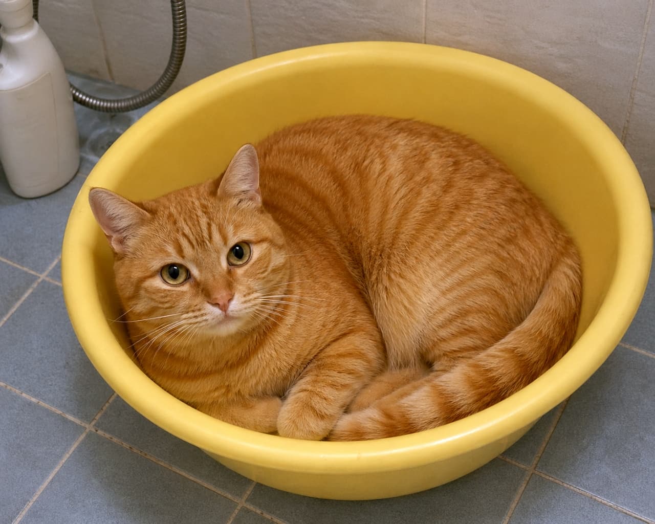 「お風呂場に行ったら、黄色い桶にすっぽり収まる茶トラちゃんを発見！🛁🧡まん丸なお目目で見つめられたらキュン死しちゃう😍」An orange tabby cat comfortably curled up inside a bright yellow plastic washbasin on a blue tiled bathroom floor, looking up directly at the camera with wide eyes. 青いタイルのバスルームの床に置かれた明るい黄色のプラスチック製洗面器の中にすっぽりと収まり、大きな丸い目でカメラをじっと見上げている茶トラ猫