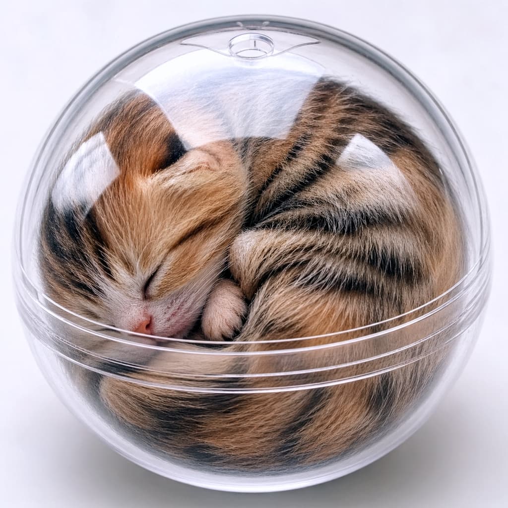 「ガチャガチャからこんな可愛い子猫が出てきたらどうする？😻 カプセルにみっちり詰まった姿に癒やされる〜💕」Ultra-realistic high-quality photograph of a brown and black striped kitten sleeping tightly curled up inside a clear, round plastic capsule. The background is a simple white, highlighting the light reflections on the capsule. 透明なプラスチック製の丸いカプセルの中にぴったりと丸まって眠っている、茶色と黒の縞模様の子猫のリアルな写真。背景はシンプルな白で、カプセルには光の反射が見られる