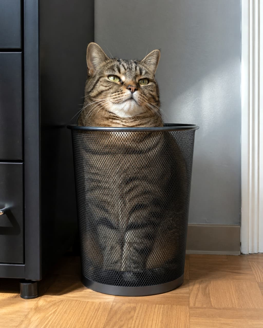 「どう？私の新しいお家🏠✨ ゴミ箱にすっぽり入ってなぜかドヤ顔の猫ちゃんが面白可愛すぎる😂」Ultra-realistic high-quality photograph of a tabby cat sitting perfectly inside a black mesh trash can, looking up with a slightly proud expression. The setting is an indoor room with wooden flooring, a grey wall, and a black cabinet. 黒いメッシュ素材のゴミ箱の中にすっぽり座り、少し誇らしげな表情で斜め上を見上げているタビー猫のリアルな写真。フローリングの床とグレーの壁、黒いキャビネットがある室内の風景