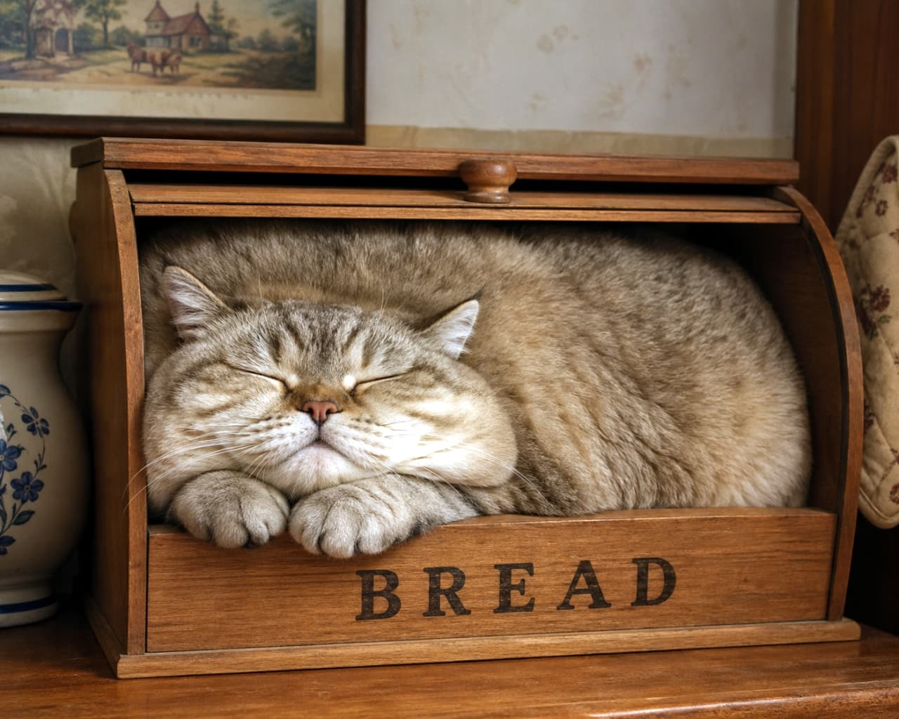 「パンの箱でぎゅうぎゅうお昼寝タイム🍞本日の焼きたてパンは…もちもちの猫ちゃん！？🍞💤 狭いところが大好きな猫の習性にキュン😍 #猫は液体 #お昼寝」Ultra-realistic high-quality photograph of a chubby tabby cat sleeping squeezed perfectly inside a vintage wooden bread box. The cat looks cozy and content. 木製のブレッドケース（パン箱）の中に、隙間なくぴったり収まって眠るふくよかなキジトラ猫。幸せそうな寝顔と、箱の「BREAD」の文字が印象的