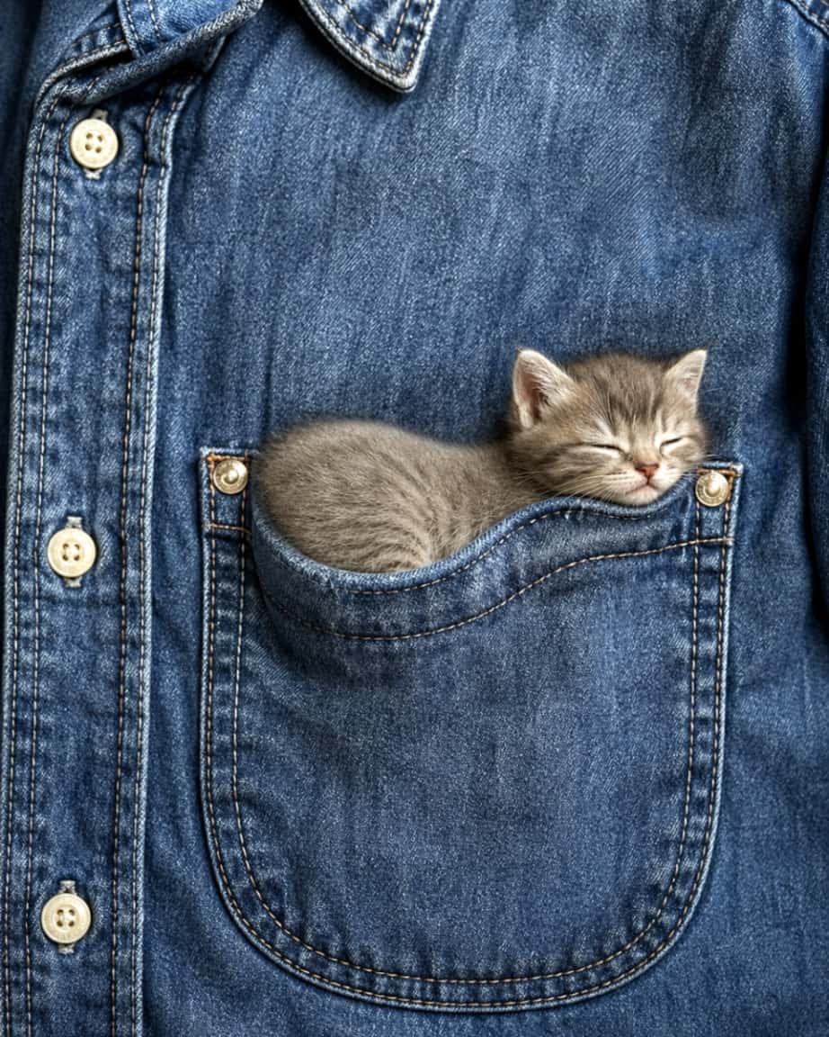 「究極の癒やしスポット見つけちゃった💤デニムのポケットにすっぽり収まる子猫ちゃんが可愛すぎて悶絶…！💙」Ultra-realistic high-quality photograph of a tiny grey kitten sleeping peacefully inside the breast pocket of a denim shirt. The macro shot captures the intricate stitching of the denim and the delicate fur of the kitten. デニムシャツの胸ポケットの中にすっぽり収まり、目を閉じて幸せそうに眠っているグレーの小さな子猫。デニムのステッチや生地の質感がリアルで、子猫の小ささと愛らしさが際立つ超高画質なクローズアップ