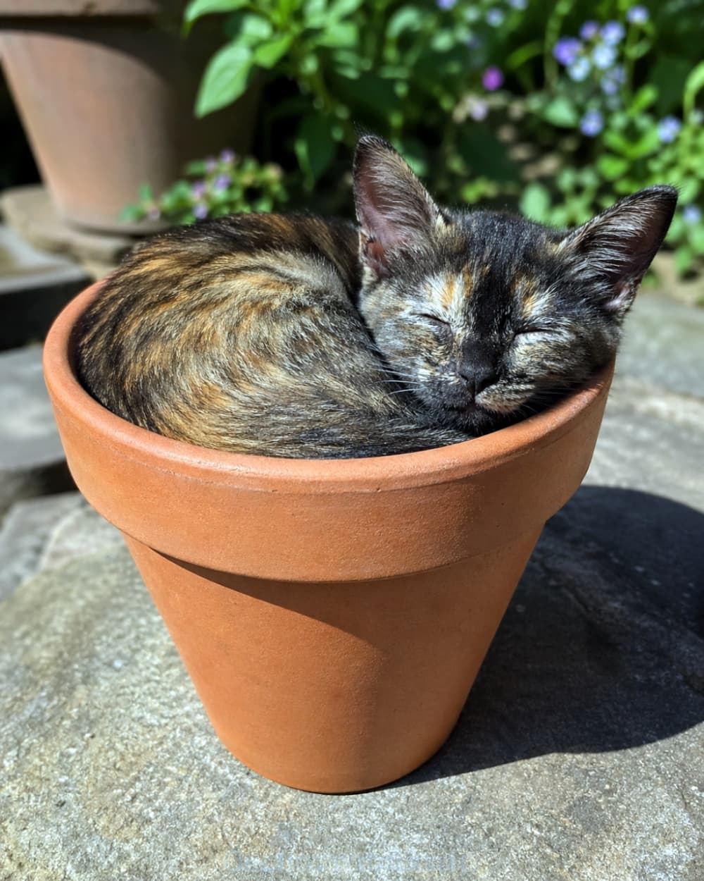 「ぽかぽか陽気の特等席☀️植木鉢にすっぽり収まるサビ猫ちゃんの寝顔に、心まで温かくなりますね🌿🐈」Ultra-realistic high-quality photograph of a tortoiseshell kitten sleeping peacefully, tightly curled up inside a terracotta plant pot in a sunny outdoor garden. 日差しの降り注ぐ屋外の庭で、素焼きのテラコッタの植木鉢にぴったりと収まって気持ちよさそうに目を閉じて眠るサビ柄の子猫の高画質写真