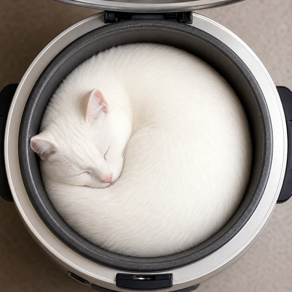 「炊飯器を開けたら…真っ白ツヤツヤの猫ちゃんが炊き上がってました！？🍚🐱綺麗すぎる丸まり方にびっくり！」Ultra-realistic high-quality photograph of a pure white cat sleeping in a perfect circle inside the black inner bowl of an open rice cooker, resembling perfectly cooked white rice. 蓋の開いた炊飯器の黒い内釜の中で、まるで炊き立ての白米のように真っ白な猫が美しい円を描いて丸まって眠っている高画質俯瞰写真