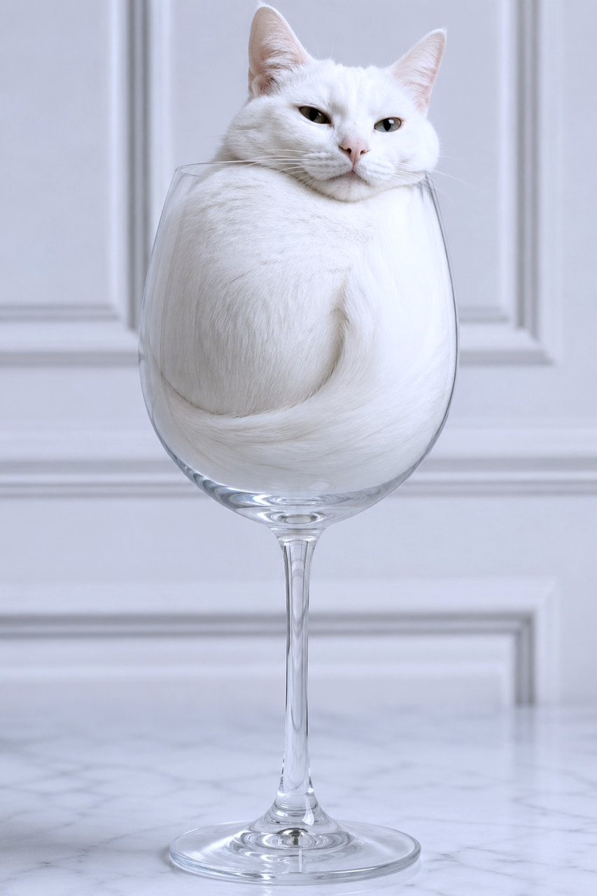 「今夜の一杯は…極上の「シロネコ」はいかが？🍷🤍グラスに注がれた（？）美しすぎる白猫さま、気品が溢れ出しちゃってます。最高に贅沢なひととき✨🐈」An elegant pure white cat sitting inside a large, oversized wine glass. The cat's body completely fills the bowl of the glass, creating a seamless white silhouette, while its head and pointed ears peek out from the rim. It is set against a clean white paneled wall on a marble surface. 特大の透明なワイングラスの中に鎮座する、気品あふれる純白の猫。猫の体がグラスのボウル部分を隙間なく埋め尽くし、白い液体が注がれているようなシルエットになっています。頭とピンと立った耳がグラスの縁から出ており、背景の白い壁と大理石のテーブルが高級感を演出しています