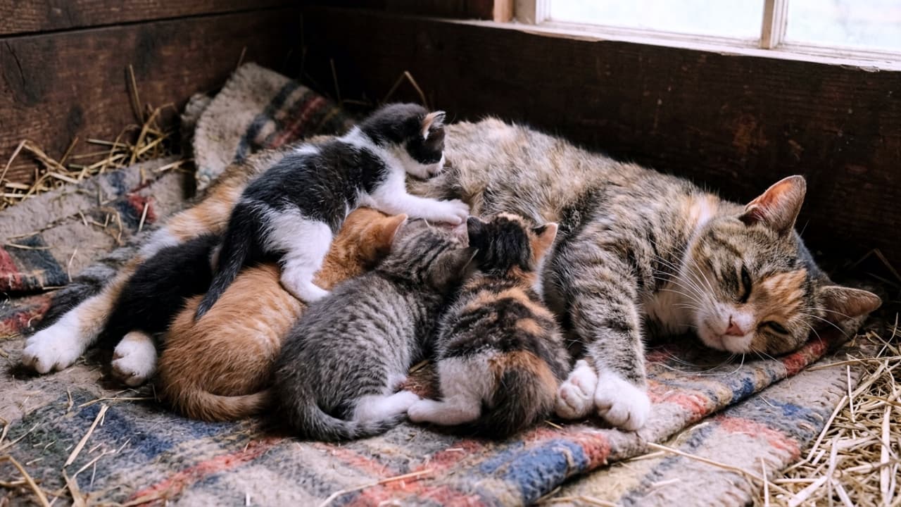 「たくさん飲んで大きくなってね🐾 優しい光に包まれて、ママ猫も子猫たちもみんなで夢の中へ😴✨  #子猫 #猫のいる暮らし #癒やし」Ultra-realistic high-quality photograph of a tired calico mother cat deeply asleep by a barn window, while her energetic litter of colorful kittens crowds around her belly to nurse. 木造の小屋や納屋の窓辺で、古い敷物と藁の上に横たわり、薄目を開けて深く眠る三毛の母猫。そのお腹に白黒、茶トラ、キジトラ、三毛など色とりどりの子猫たちが群がってミルクを飲んでいるリアルな写真