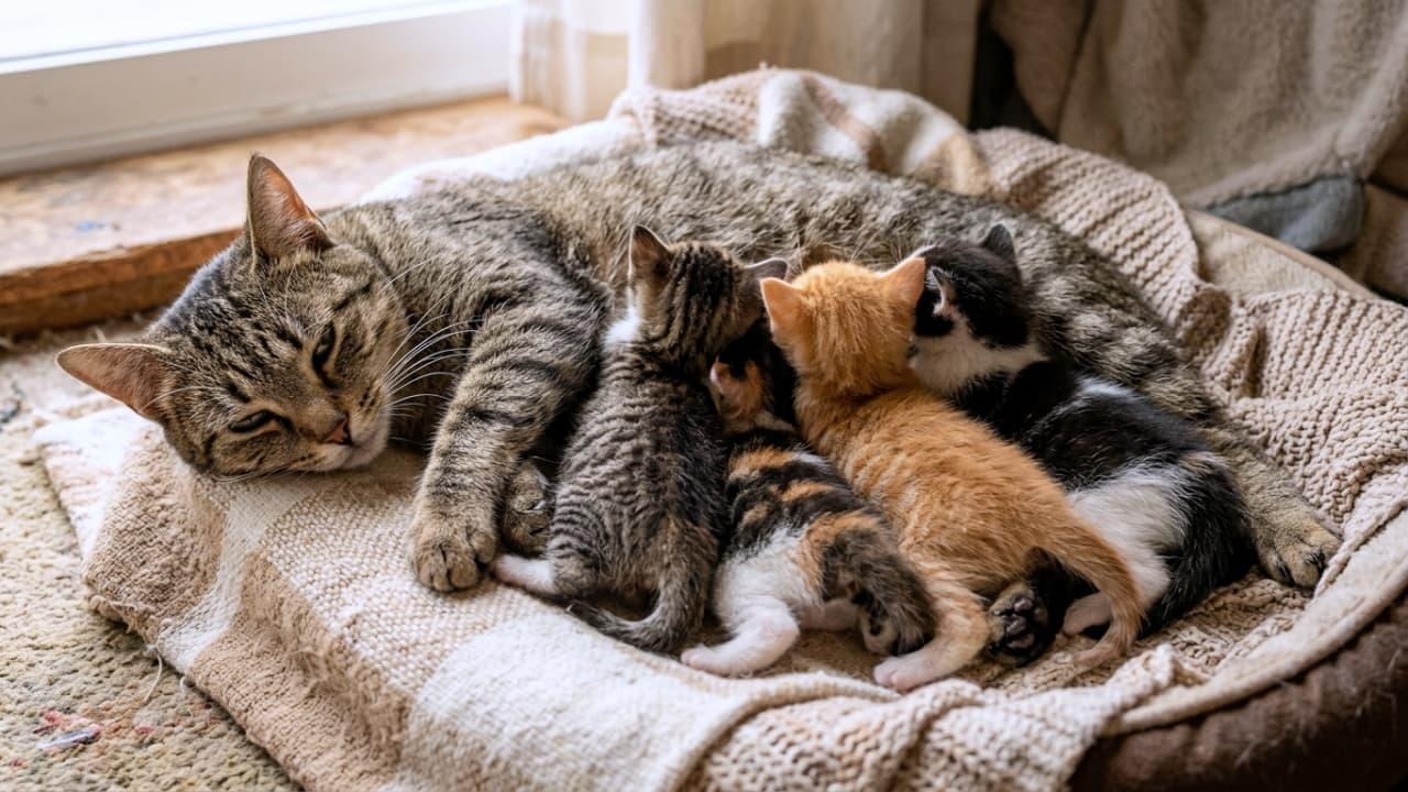 「ぽかぽか陽だまりの中で授乳タイム。みんな違ってみんな可愛い、カラフルな子猫たちに癒やされます✨ #子猫 #猫のいる暮らし #癒やし」Ultra-realistic high-quality photograph of a tired mother cat nursing a colorful litter of kittens near a bright window with soft natural light. 窓辺の柔らかな光の中で、敷物の上に横たわるキジトラの母猫と、そのお腹に群がってミルクを飲む、キジトラ、三毛、茶トラ、白黒の様々な毛色の子猫たちのリアルな写真