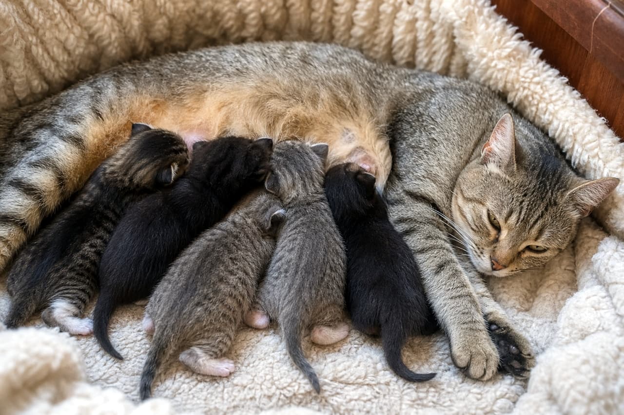 「今日もワンオペ育児お疲れ様！がんばるママ猫と食いしん坊な子猫たちの愛おしい日常です🍼🐾 #猫のいる暮らし」Ultra-realistic high-quality photograph of an exhausted tabby mother cat resting in a cozy fleece nest, with her five small kittens nursing. もこもこのベッドの中で、目をうっすら開けて横たわるキジトラの母猫と、そのお腹で熱心にミルクを飲む5匹の小さな子猫たちのリアルなクローズアップ写真