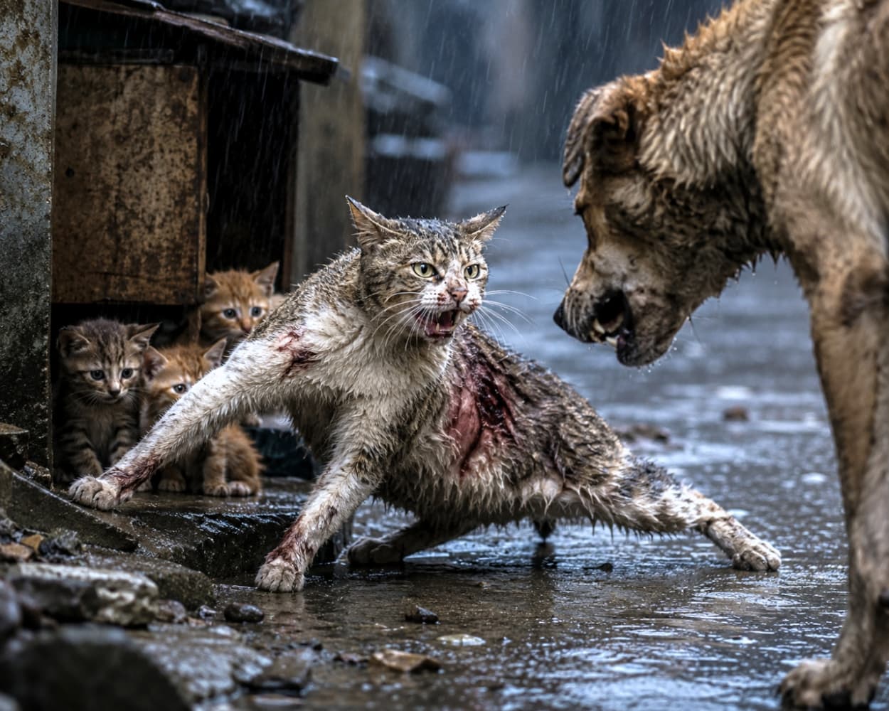 「絶対に触らせないニャ！😾🔥雨の中、傷つきながらも我が子を守り抜く母猫の強さに涙が出そう…🥺 #母の愛 #猫と犬」Ultra-realistic high-quality photograph of an injured mother cat fiercely hissing and protecting her kittens, who are hiding in a wooden shelter, from an approaching dog in the pouring rain. 土砂降りの雨の中、体に傷を負った母猫が、木の小屋に隠れた子猫たちを守るため、迫り来る犬に向かって牙を剥き出しにして激しく威嚇している。緊迫感のある高画質写真