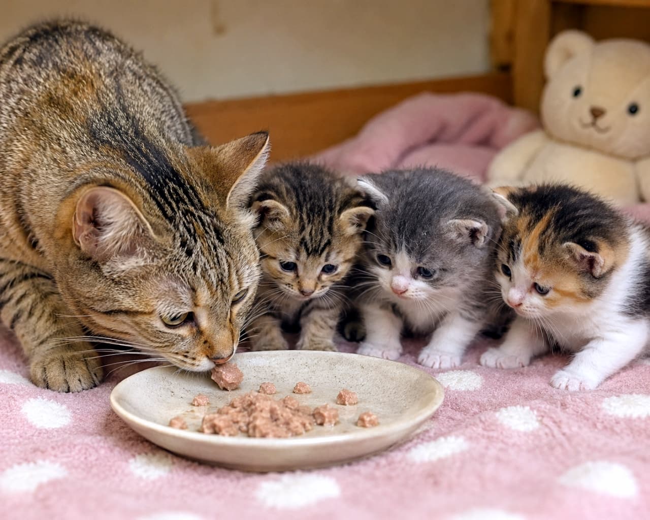 「ママと一緒のごはんは最高だニャ😻💕一生懸命もぐもぐする姿に癒される〜！✨ #子猫 #猫のごはん」Ultra-realistic high-quality photograph of a mother cat and three adorable kittens eating cat food together from a plate on a pink polka-dot blanket, with a teddy bear in the background. ピンク色の水玉模様のブランケットの上で、母猫と3匹の子猫（キジトラ、灰白、三毛）が一緒にお皿からキャットフードを食べている。奥にはクマのぬいぐるみが置かれた高画質写真