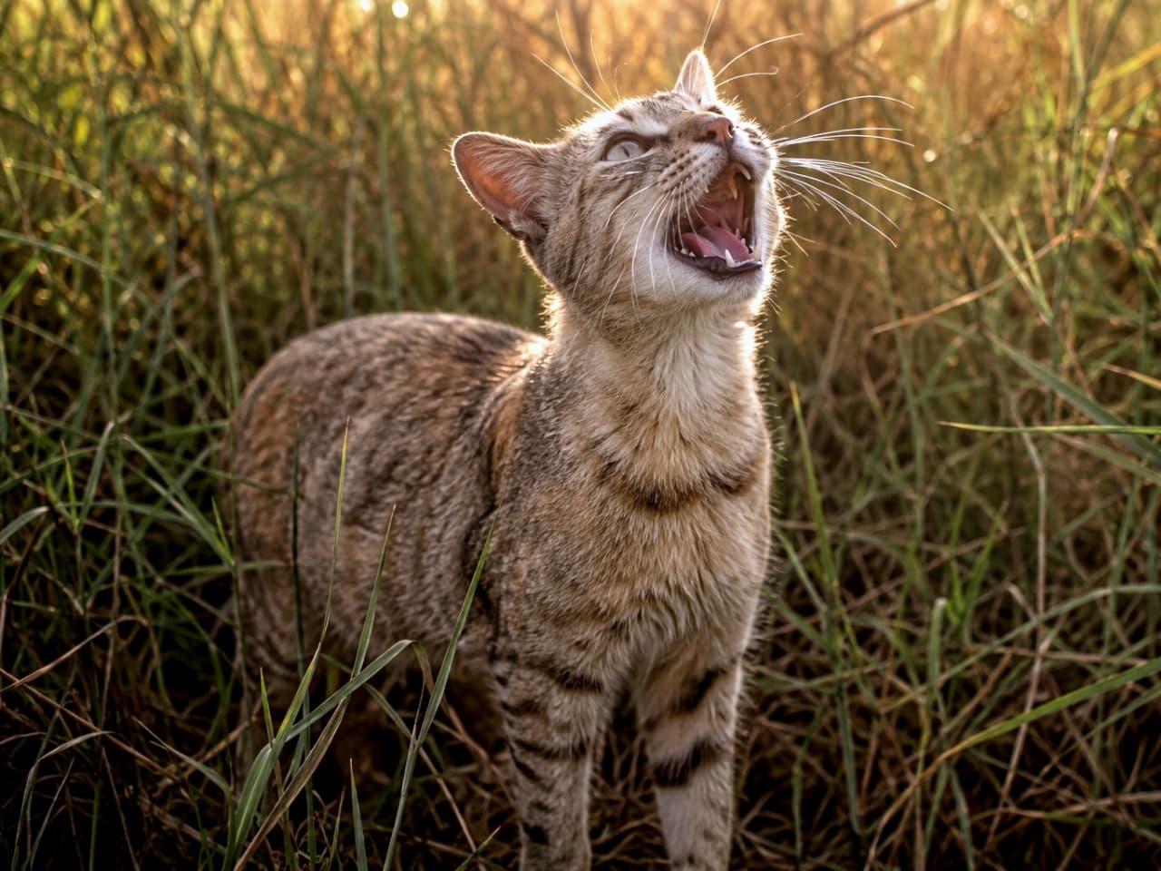 「どこにいるのー！💦夕暮れの草むらで、迷子の子猫を一生懸命呼ぶお母さん猫の姿に胸がギュッとなる🥺 #猫の親子 #マザーコール」Ultra-realistic high-quality photograph of a mother tabby cat looking up and meowing loudly in tall grass at sunset, urgently calling for her lost kitten. 夕暮れ時の高い草むらの中で、キジトラの母猫が上を見上げて大きく口を開け、迷子になった子猫を懸命に呼んでいる（マザーコール）高画質写真。逆光が猫の輪郭を美しく照らしている