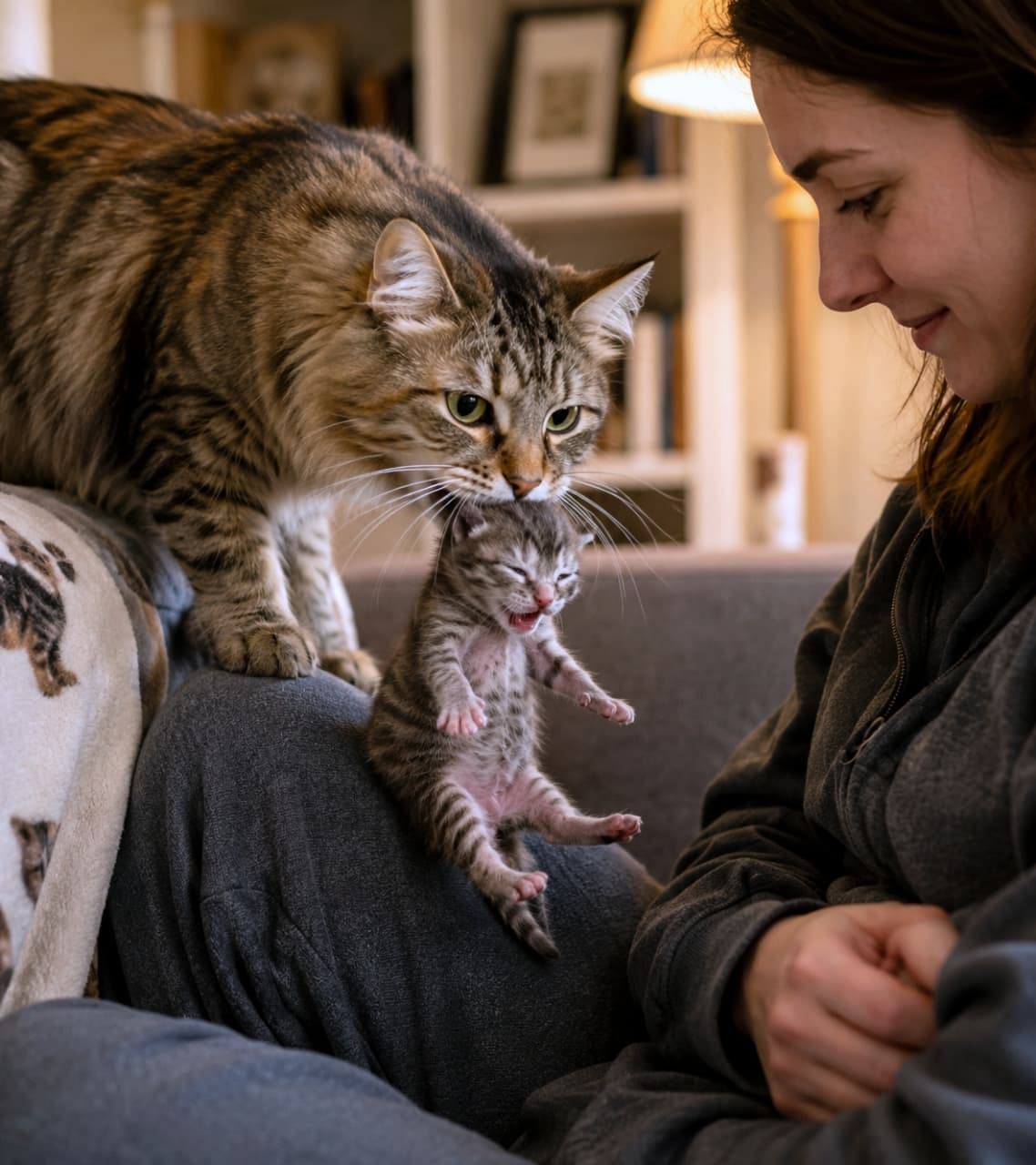 「ちっちゃな命のお引越し🐈💕母猫の愛情と見守る飼い主さんの優しい表情にキュンとします✨ #猫のいる暮らし #猫の家族」Ultra-realistic high-quality photograph of a mother cat carrying her newborn kitten by the scruff of the neck, while a smiling woman watches warmly on the right in a cozy room. 母猫が生まれたばかりの小さな子猫の首の後ろをくわえて運んでいる様子。右側にはその様子を温かい笑顔で見守る女性が写っている。室内での温かみのある高画質写真