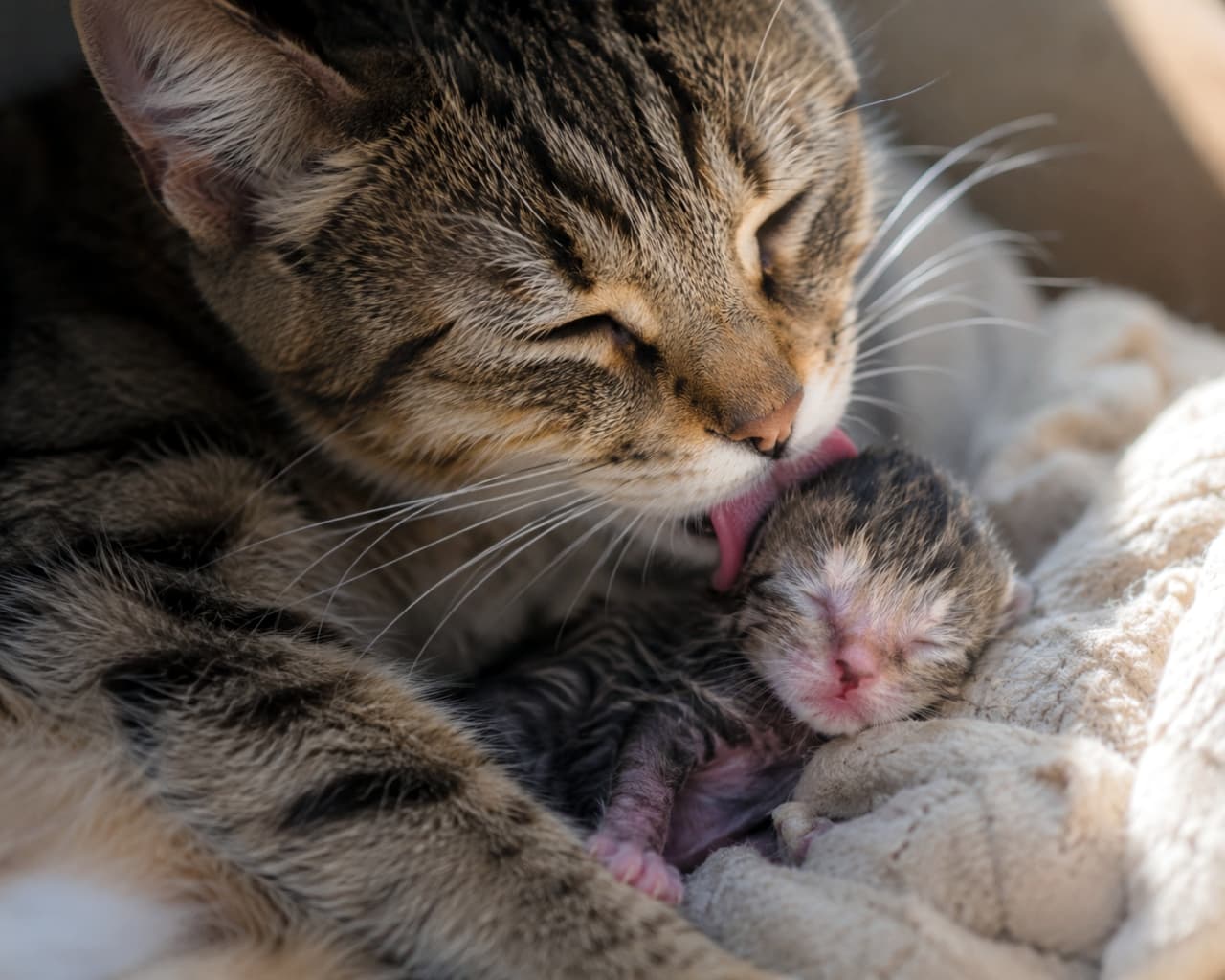 「ママの愛情たっぷり❤️ 生まれたての子猫を優しくペロペロ。見ているだけで胸が熱くなります✨ #猫の親子 #感動」Ultra-realistic high-quality photograph, close-up of a mother tabby cat tenderly licking her tiny newborn kitten, capturing a touching moment of maternal love. 生まれたばかりの小さな子猫を、優しく舐めて毛繕いするキジトラの母猫。クローズアップで捉えられた、母親の深い愛情が伝わる感動的なシーン