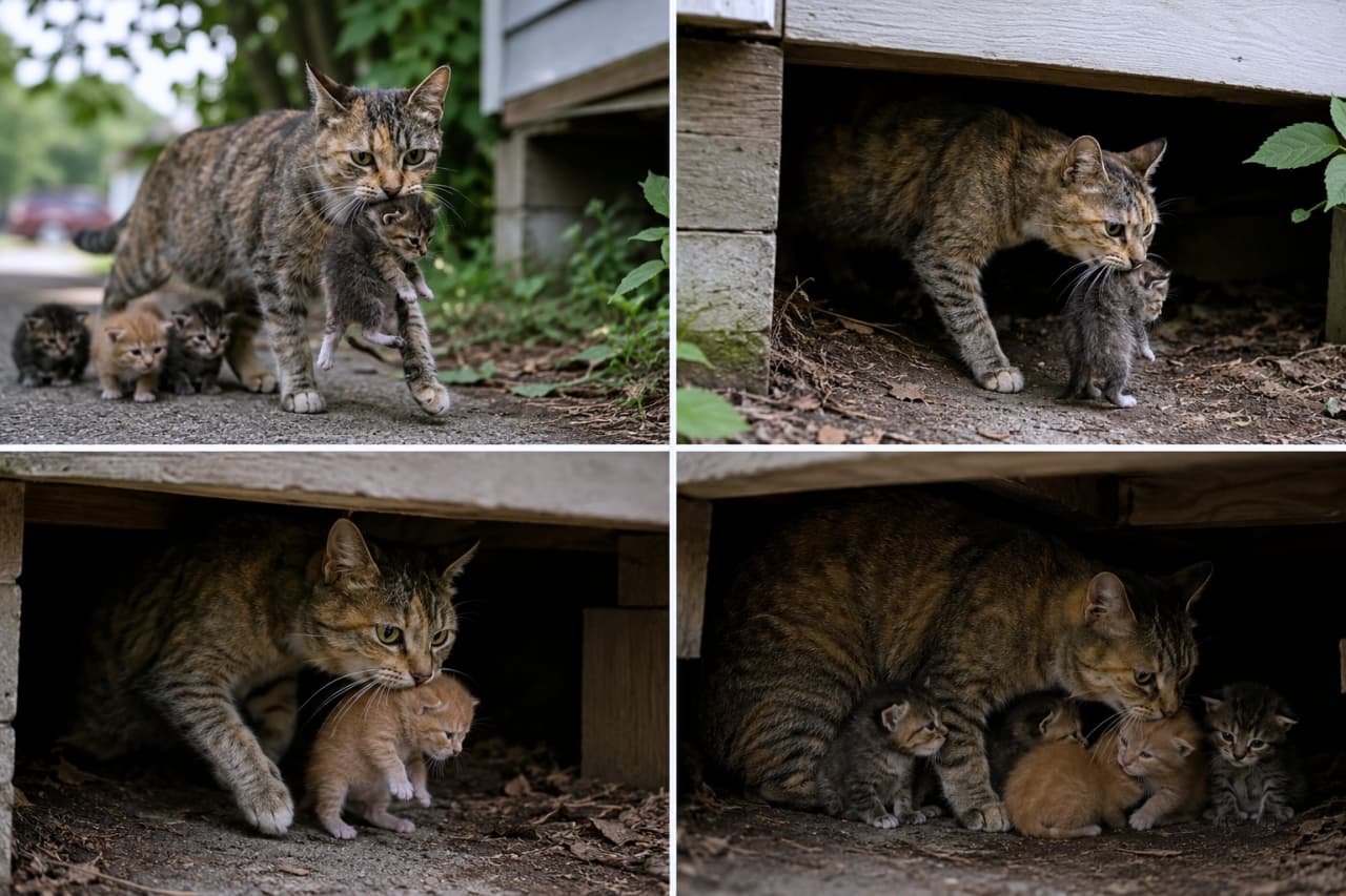 「命を守るママの奮闘記🐈💨 安全な場所を見つけるまで、お母さんの頑張りは止まりません！応援したくなる1枚✨」Ultra-realistic high-quality photograph collage showing four scenes of a mother cat moving her kittens to safety under a porch and outdoors. The tabby mom is captured heroically transporting her litter one by one. 屋外や縁の下で、母猫が子猫を1匹ずつ運んだり、集まった子猫たちを見守ったりする様子を捉えた4枚のコラージュ画像。キジトラの母猫が懸命に子猫を安全な場所へ導く一連のストーリーを感じさせる構成
