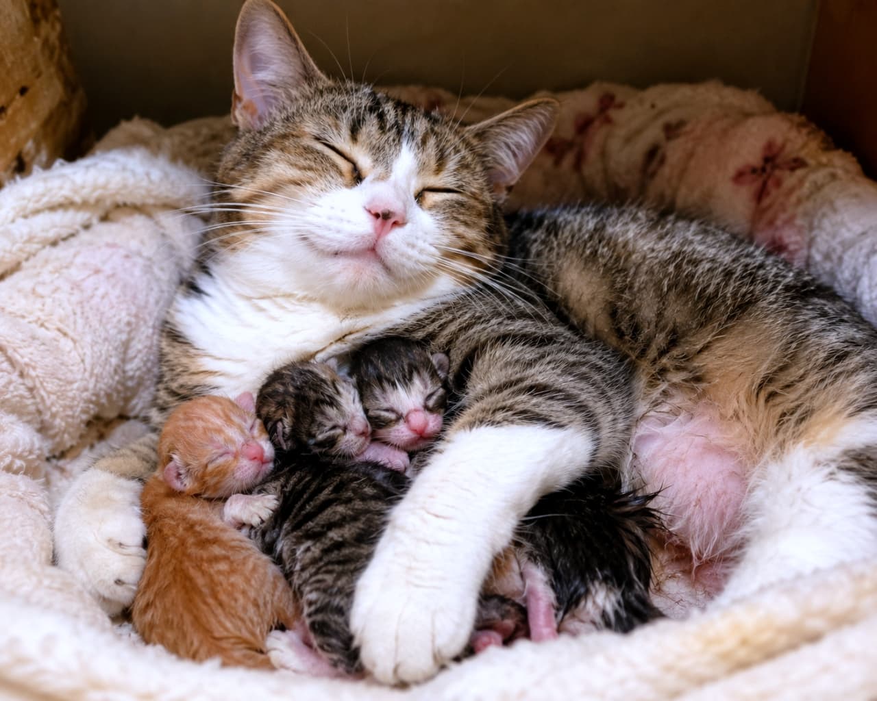 「幸せいっぱい！子猫たちに囲まれてスヤスヤ眠るママ猫🐈💤 最高の癒やしをお届けします💖 #猫の家族 #多幸感 #子猫 #絆」Ultra-realistic high-quality photograph of a mother cat sleeping peacefully while embracing several newborn kittens in a warm, cozy pet bed. 柔らかいベッドの中で、茶トラやキジトラの複数の子猫を抱きしめるようにして眠る母猫。家族の絆と安心感が伝わる、多幸感溢れる構図