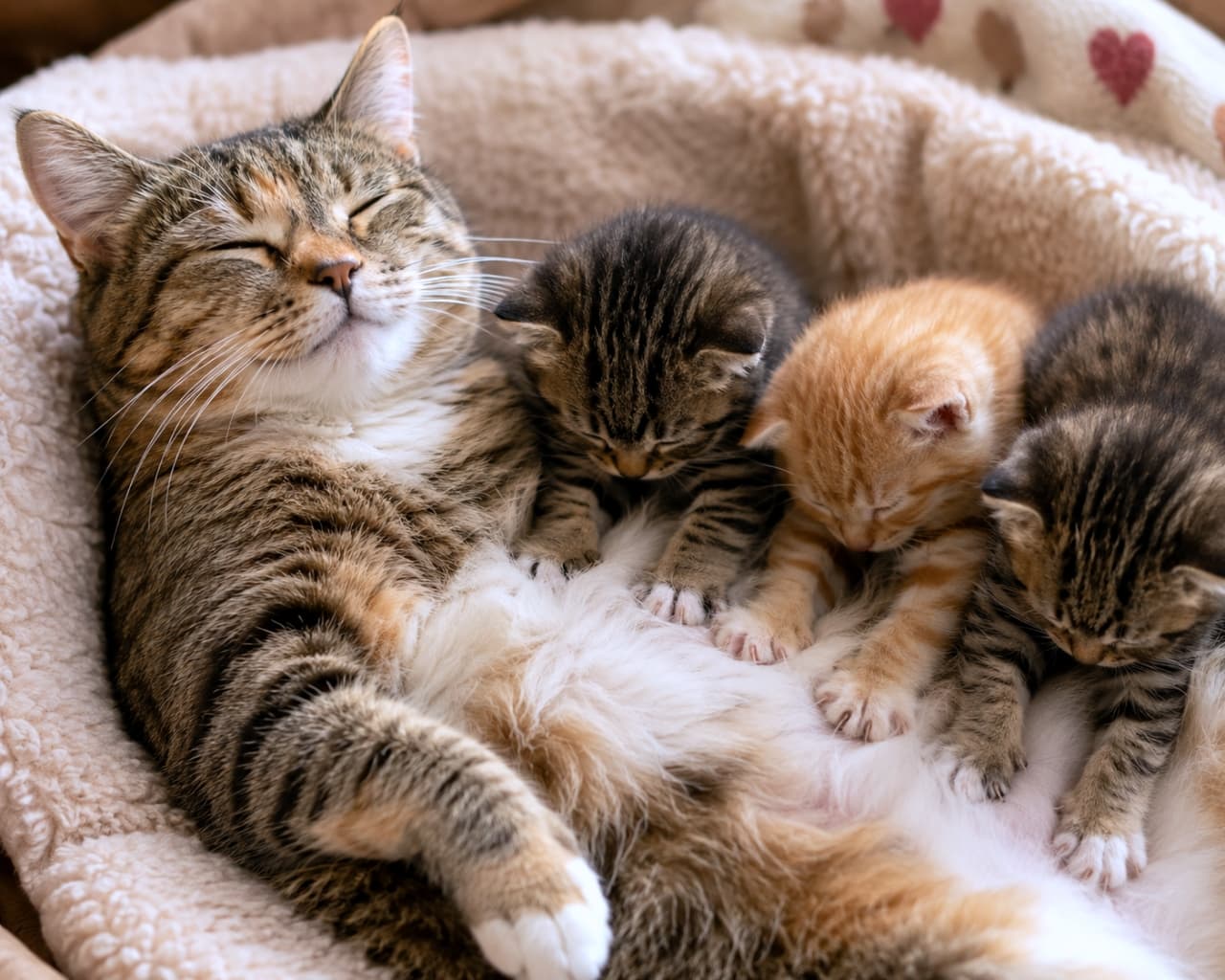 「お母さんのお腹は最高にふかふかにゃ〜🤤💕至福の表情で子猫たちのふみふみを受け入れる姿に癒されます🌿 #猫部」Ultra-realistic high-quality photograph of a mother cat purring with half-closed eyes, enduring the energetic kneading of her kittens on her soft belly. ふかふかのベッドの上で目を半開きにして気持ちよさそうに喉を鳴らす母猫と、その柔らかいお腹に顔を埋めてふみふみしながら甘える子猫たちの写真