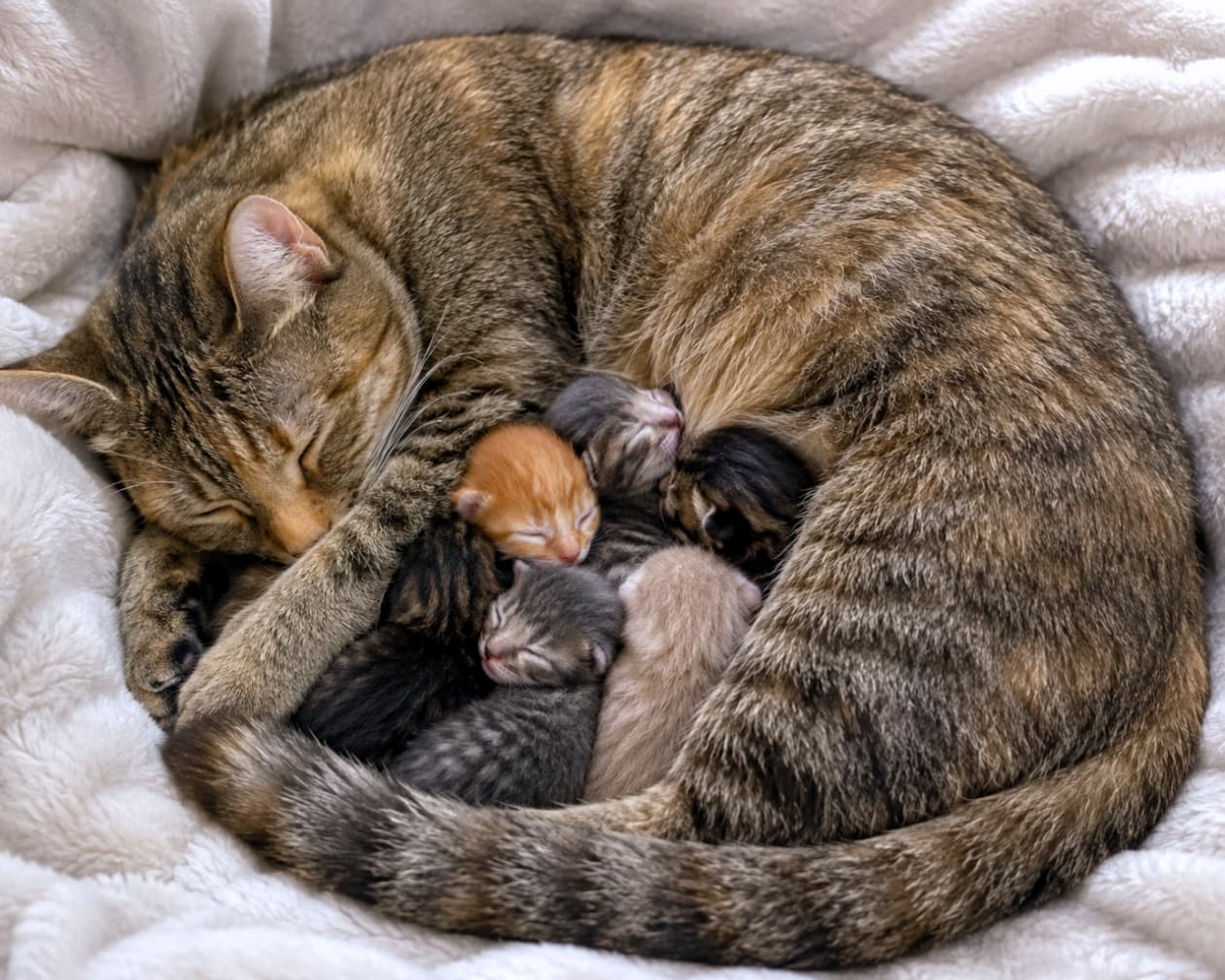 「お母さんの腕の中は最高に安心にゃ😻💕体を丸めて子猫たちを守る母猫の愛情にほっこりします✨ #猫のいる暮らし」Ultra-realistic high-quality photograph of a mother tabby cat sleeping in a large semi-circle on a fluffy white blanket, wrapping her body around her kittens to protect them. 白いふわふわの毛布の上で、体を丸めて半円状になり、子猫たちを囲い込むようにして眠るキジトラの母猫と、その腕の中で安心して眠る小さな子猫たちの様子