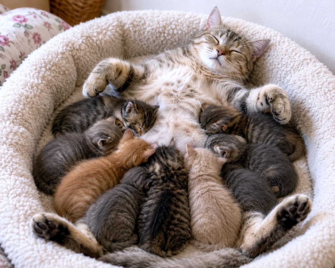 「見てください、この幸せの密度！😍 ママも子猫たちも、ふわふわの海で夢の中へ……。まさに天国ですね🌈」Ultra-realistic high-quality photograph of a mother cat sleeping belly-up in a fluffy round bed, surrounded by a large litter of kittens. Multiple kittens in various colors huddle against her for a peaceful communal nap. 白くふわふわな猫用ベッドの中で、仰向け（へそ天）でリラックスして眠る母猫と、そのお腹の周りに密集して眠るたくさんの子猫たち。キジトラやグレーなど色とりどりの子猫が並ぶ、圧倒的な幸福感溢れる一枚