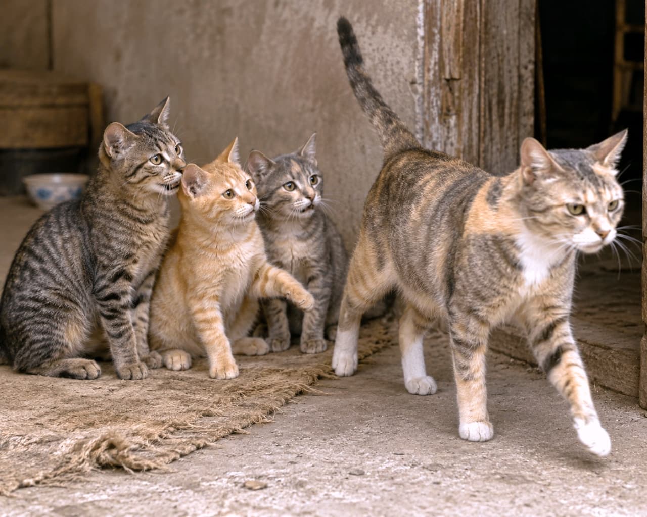 「「もうみんな立派な大人にゃ！」🙀突然の親離れ宣言に、ちょっと戸惑う子猫たちの表情が切なくて可愛い🥺 #親離れ」Ultra-realistic high-quality photograph of a mother cat abruptly walking away, leaving her nearly adult-sized bewildered kittens as she refuses to let them nurse. 突然立ち上がって歩き出す母猫と、もうおっぱいを貰えずに戸惑った表情でその後ろ姿を見つめる、大きくなった子猫たちの写真