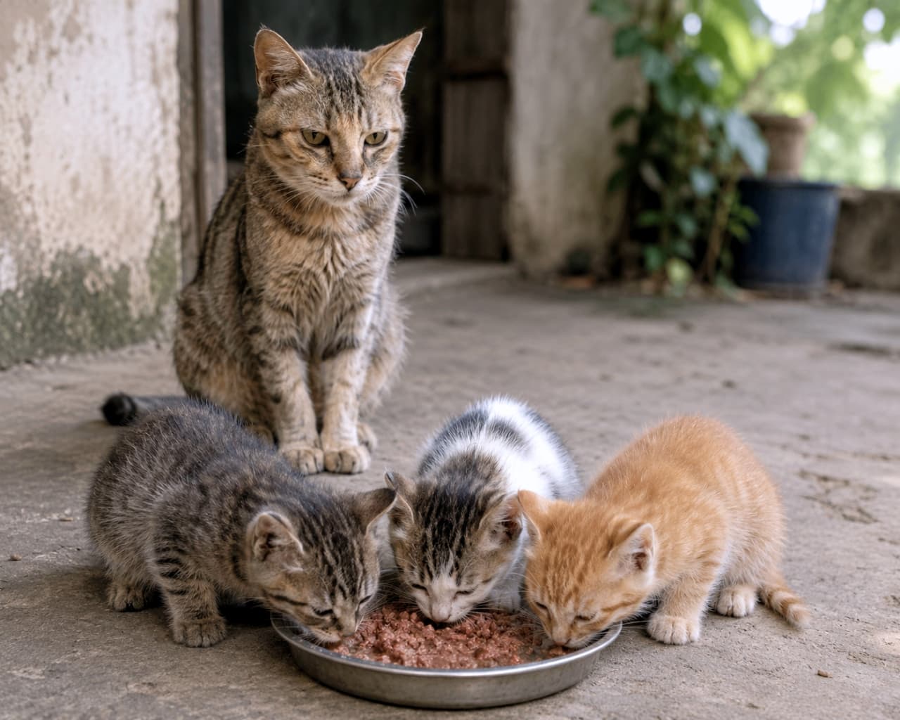 「みんなで食べると美味しいね😋母猫の優しい視線を感じる、ほっこりお食事タイム🐈✨ #子猫 #猫のごはん」Ultra-realistic high-quality photograph of three kittens eating wet food from a plate together on concrete outdoors, while the mother cat sits behind them watching quietly. 屋外のコンクリートの上で、3匹の子猫（キジトラ、白黒、茶トラ）がお皿に入ったウェットフードを並んで食べている。その後ろで母猫が静かに座って見守っている高画質写真