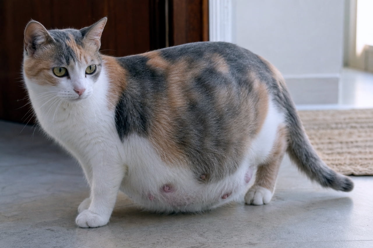 「出産間近の三毛猫ママ🐈💕 ぽんぽこなお腹には、新しい命の鼓動が詰まっています✨ #猫の妊娠 #生命の神秘」Ultra-realistic high-quality photograph of a heavily pregnant calico cat standing in a bright interior, showing a clear side profile of her large belly and maternal features. 明るい室内で横を向いて立つ、出産間近の三毛猫。大きく膨らんだお腹と乳頭がはっきりと写っており、生命の神秘と母性を感じさせる高品質な写真