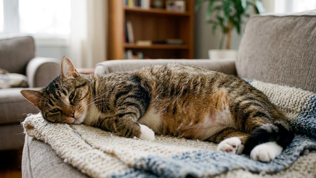 「ソファーでまったり中の妊婦さん🐾 温かいお部屋で、のんびり出産準備かな？🏠✨ #猫のいる暮らし #癒やし #猫の妊娠 #生命の神秘」Ultra-realistic high-quality photograph of a pregnant tabby cat resting comfortably on a knitted blanket on a sofa in a cozy, sunlit living room. 柔らかなニットのブランケットの上で、リラックスして横たわる妊娠中のキジトラ猫。背景に本棚や観葉植物がある、温かみのある家庭的なリビングの風景