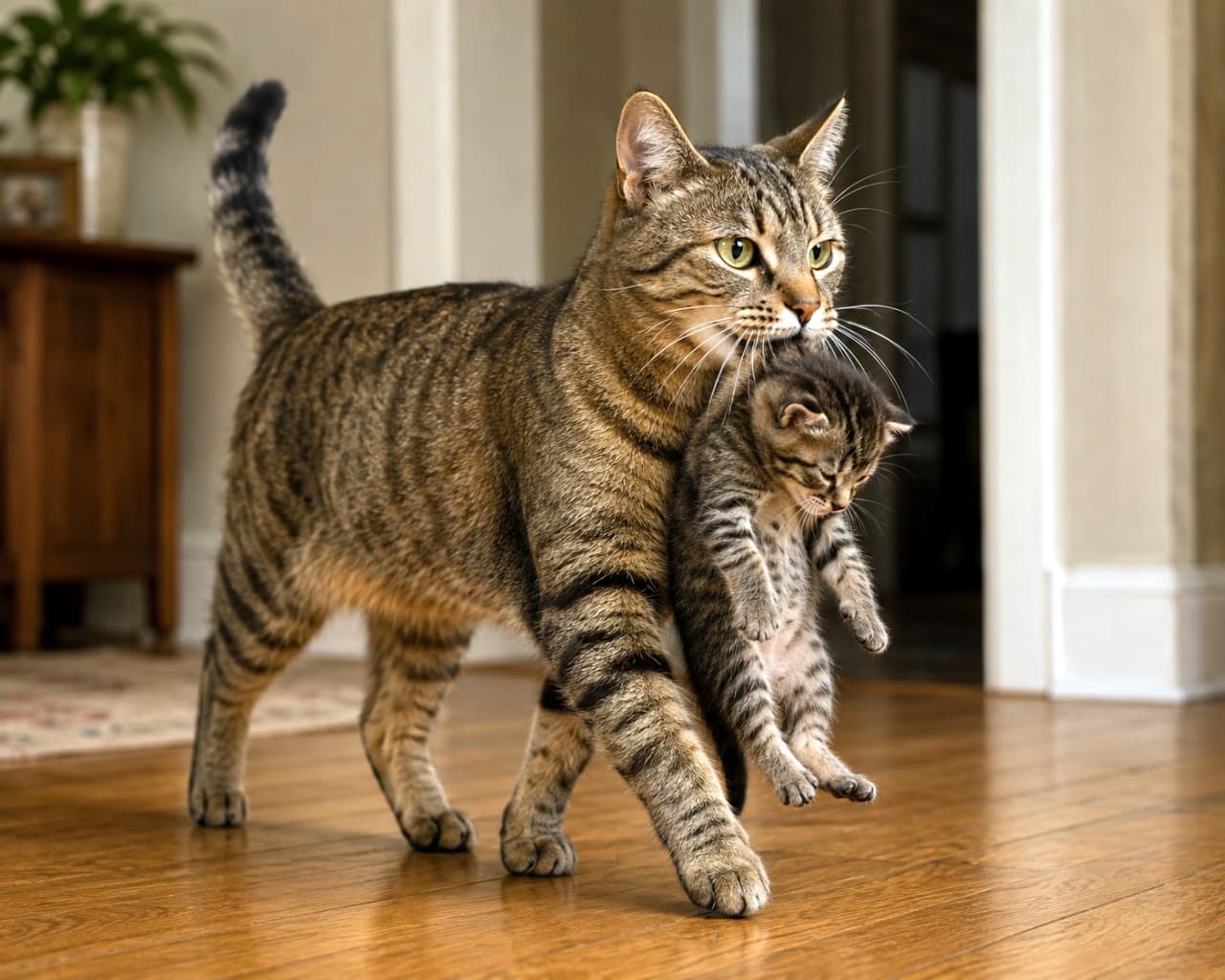 「「ママにおまかせ！🐾」安心しきった子猫ちゃんと、頼もしいお母さんの日常の一コマに癒やされます✨」Ultra-realistic high-quality photograph of a tabby mother cat gently carrying her kitten by the scruff of its neck across a wooden floor indoors. Warm home setting with wooden furniture in the background, capturing a tender moment of maternal care. 屋内のフローリングの上で、子猫の首の後ろを優しくくわえて運ぶキジトラの母猫。背景には木の家具があり、温かみのある室内で子猫を安全な場所へ移動させている感動的な瞬間の横向きの構図