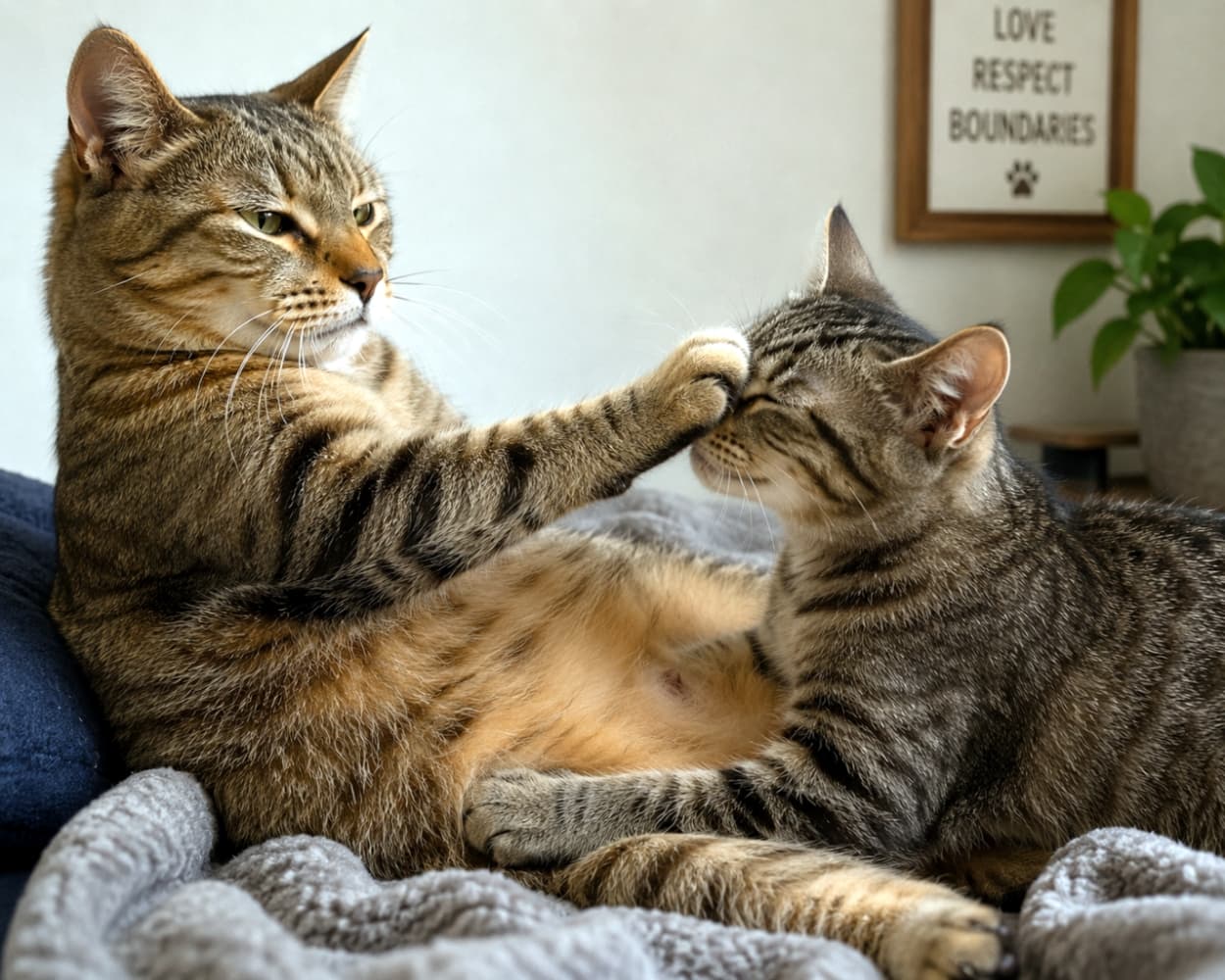 「「もうおっぱいは卒業ニャ！」寂しそうな子猫を優しく押し戻す母猫、自立を促す愛の教育です✨ #猫の親子 #親離れ」Ultra-realistic high-quality photograph of a mother cat gently but firmly swatting her grown kitten's nose away with her paw as it attempts to nurse. She is establishing clear boundaries to encourage independence, captured in a cozy indoor setting. 成長した子猫がまだおっぱいを飲もうと近づくのに対し、母猫が優しくも毅然とした態度で子猫の鼻を前足で押し戻している。子猫の自立（親離れ）を促すための境界線（バウンダリー）を示している、温かみのあるベッドの上でのリアルな高画質写真