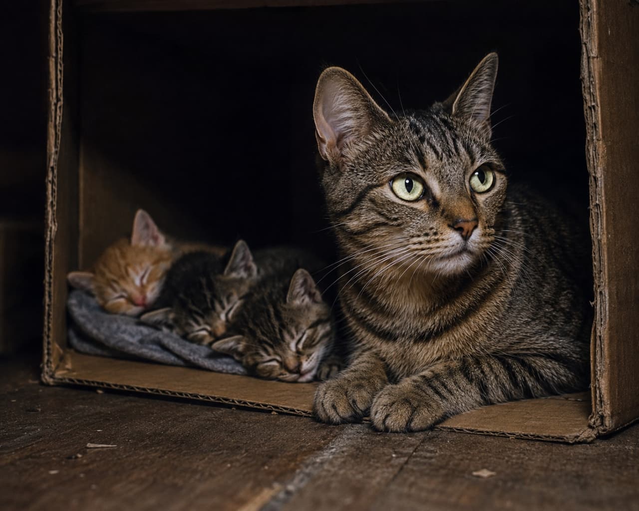 「「ここは私が守るにゃ！」😼🔥箱の入り口で鋭く目を光らせる、頼もしくてカッコいいお母さん猫✨ #猫の家族」Ultra-realistic high-quality photograph of a vigilant mother cat resting at the edge of a dark box entrance, scanning the room while her kittens sleep safely behind her. 暗い段ボール箱の入り口に伏せ、鋭い瞳で周囲を警戒する母猫と、その背後で安全に眠りこける子猫たちの写真