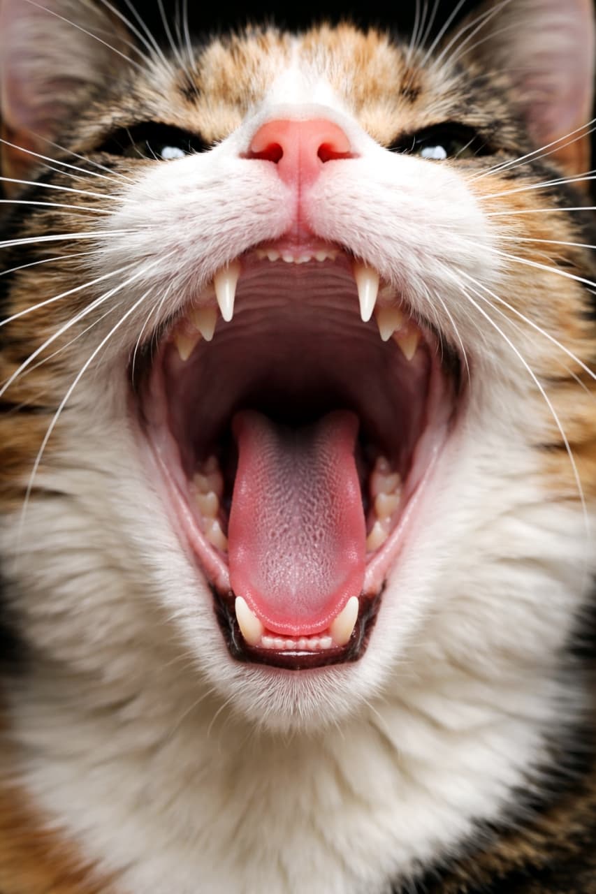 「ガオーッ!🦁 迫力満点のお口の中を大公開!鋭いキバもザラザラの舌もかっこいいにゃ🐾 #猫のあくび #牙 #にゃんすたぐらむ」Ultra-realistic high-quality photograph featuring an extreme close-up of a Calico cat's open mouth, showing sharp teeth and tongue in detail. 大きく口を開けた三毛猫の口元の極端なクローズアップ。鋭い歯やザラザラした舌の質感が鮮明に捉えられたリアルな高画質写真