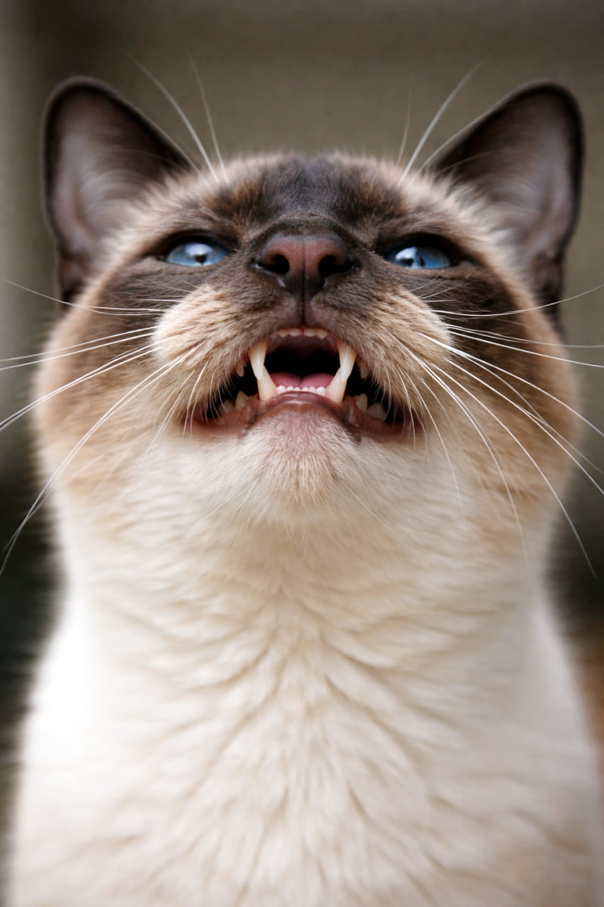 「「んん?なんだこの匂いは…」🐈 くすっと笑えるフレーメン反応の決定的瞬間を激写!📸 #シャム猫 #フレーメン反応 #おもしろ猫」Ultra-realistic high-quality photograph of a Siamese cat making a funny face with its mouth slightly open, exhibiting the flehmen response. 口を半開きにして上の空のような表情をする(フレーメン反応)シャム猫のリアルな高画質写真