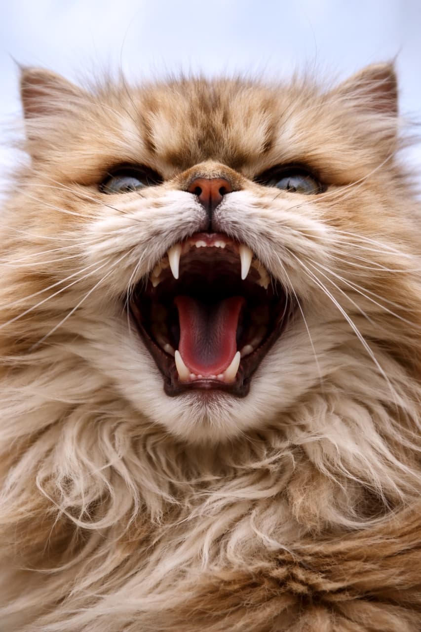 「ワイルドだろ〜?😼💥 野生み溢れる鋭いキバにドキッとしちゃう大迫力ショット! #ワイルド猫 #猛獣 #ねこ部」Ultra-realistic high-quality photograph of a wild-looking Persian cat opening its mouth wide, showcasing sharp teeth and a rough tongue in a dramatic close-up. 鋭い牙とザラザラした舌を見せて大きく口を開ける、野生的なペルシャ猫の迫力あるクローズアップ高画質写真