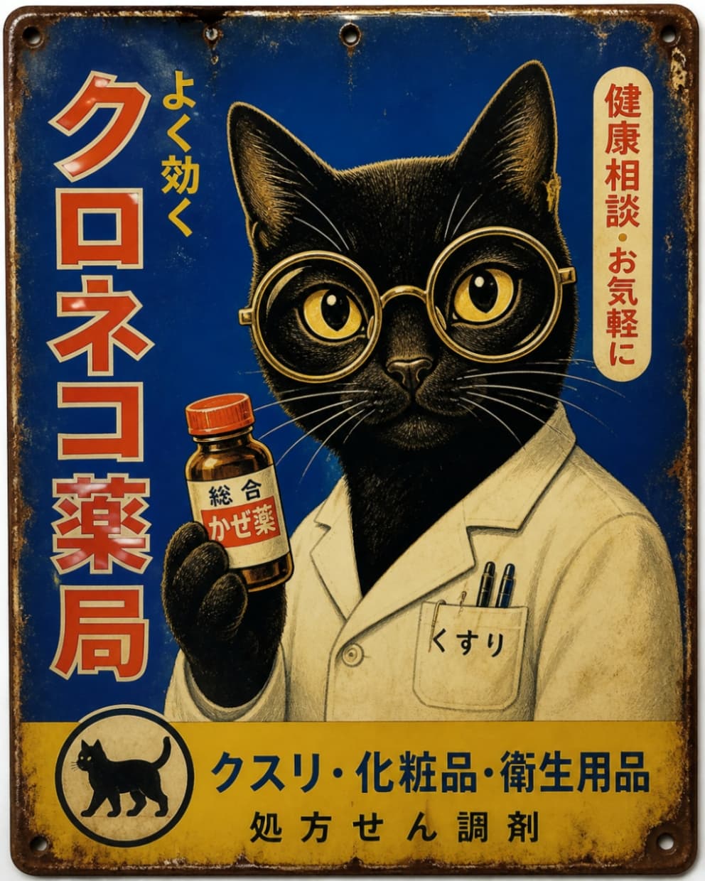 「健康相談はお気軽にニャ👓💊 頼れる黒猫先生がいる「クロネコ薬局」！風邪かな？と思ったら早めのお薬を🏥」Ultra-realistic high-quality vintage enamel sign illustration. A black cat wearing round glasses and a white lab coat, holding a bottle of cold medicine. Features "Kuroneko Pharmacy" text, a navy blue background, and rusted edges. 昭和レトロなホーロー看板風のイラスト。丸メガネをかけ、白衣を着た黒猫が総合かぜ薬の瓶を手に持っている。「クロネコ薬局」の文字と、紺色を基調とした背景、端のリアルなサビ加工が特徴的