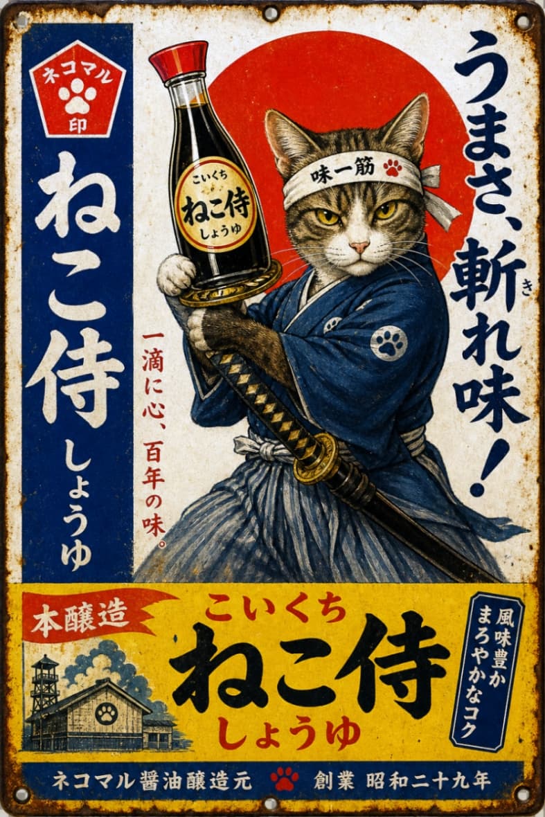 「うまさ、斬れ味！⚔️✨ 伝統の味を守る「ねこ侍」のキリッとした眼差しがかっこいい🐈🍶 #侍猫 #昭和看板」Ultra-realistic high-quality photograph of a retro Japanese enamel sign featuring a samurai cat holding a katana sword and a large bottle of soy sauce against a red sun background. 鉢巻をして着物を着た侍姿の猫が、刀と共に大きな醤油瓶を構えている昭和レトロなホーロー看板風画像。背景には赤い日の丸が描かれている
