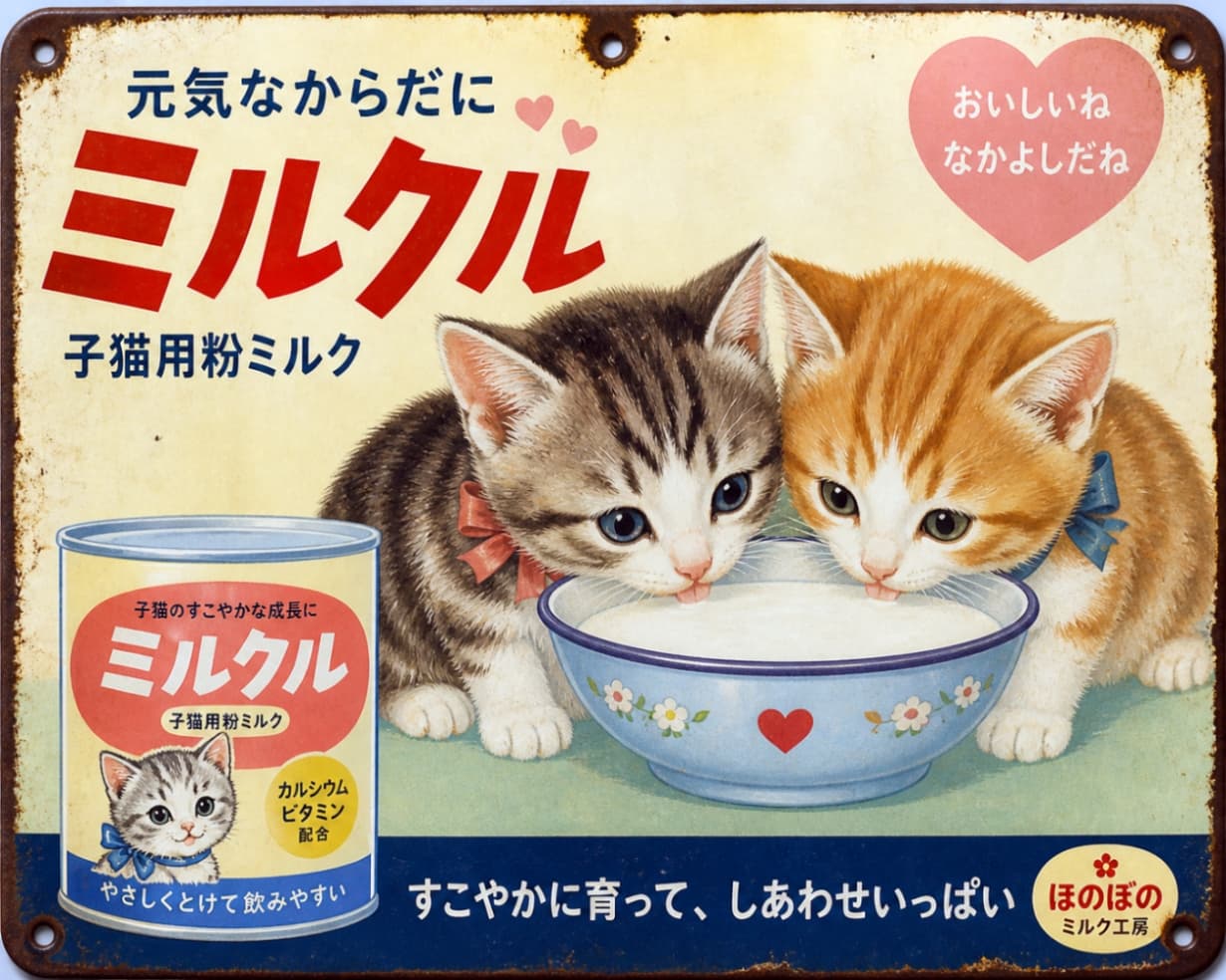 「仲良くミルクをごくごく🍼💕 すこやかな成長を願う、ほのぼの癒やしのお裾分けです🐈✨ #子猫 #レトロデザイン」Ultra-realistic high-quality photograph of a retro Japanese enamel sign featuring two adorable kittens drinking milk from a bowl together. 2匹の可愛い子猫が並んでお皿からミルクを飲んでいる、昭和レトロな粉ミルクのホーロー看板風画像。優しく温かみのある色合い