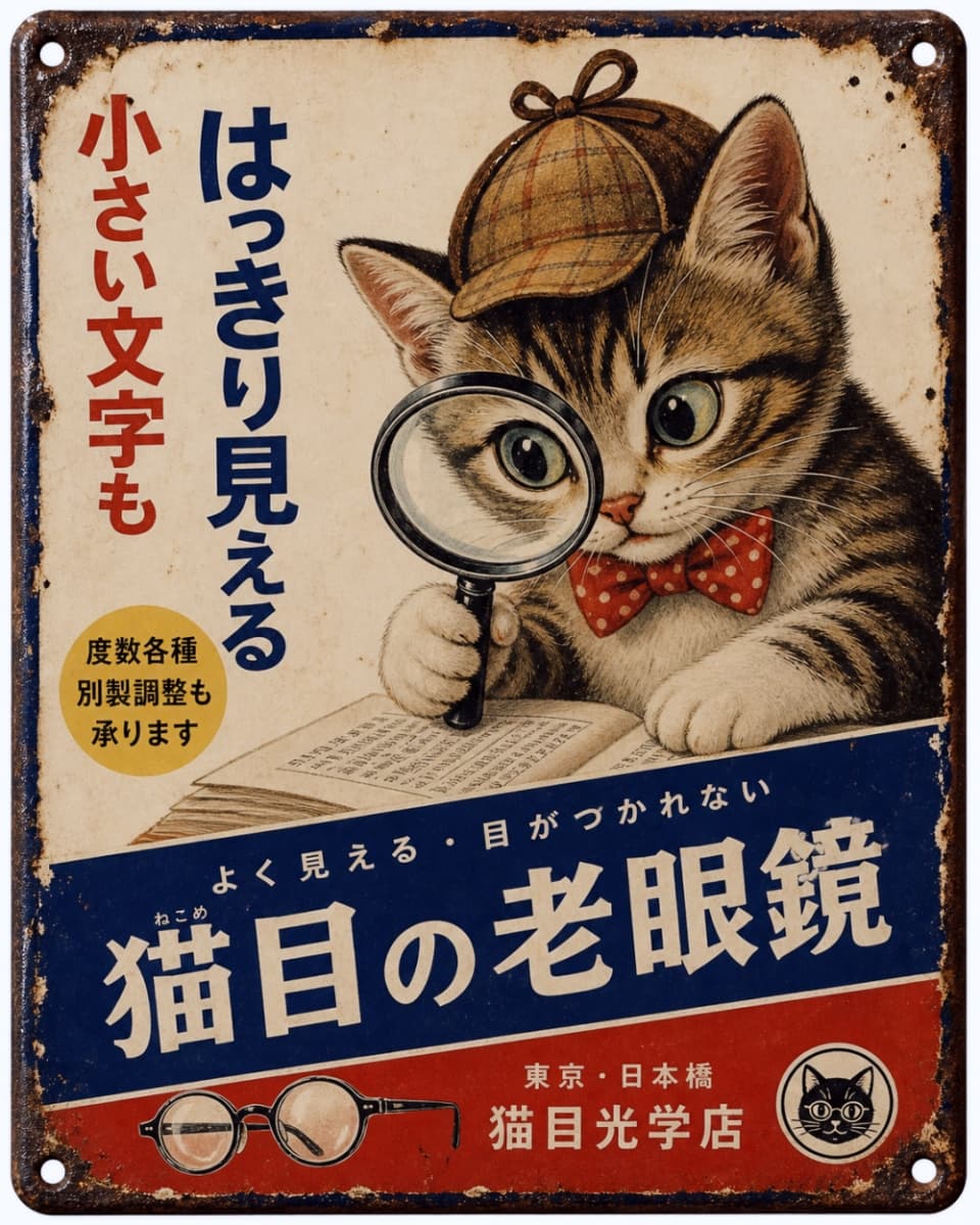 「小さい文字もはっきり見える🔍 知的な探偵風ニャンコがご案内するレトロ看板です👓📖」Ultra-realistic high-quality photograph of a vintage-style Japanese tin sign for "Cat-eye Reading Glasses", depicting a kitten wearing a deerstalker hat and bow tie, reading a book with a magnifying glass. 「猫目の老眼鏡」と書かれた昭和レトロなブリキ看板風のイラスト。探偵帽をかぶり、蝶ネクタイをした子猫がルーペで本を読んでいる