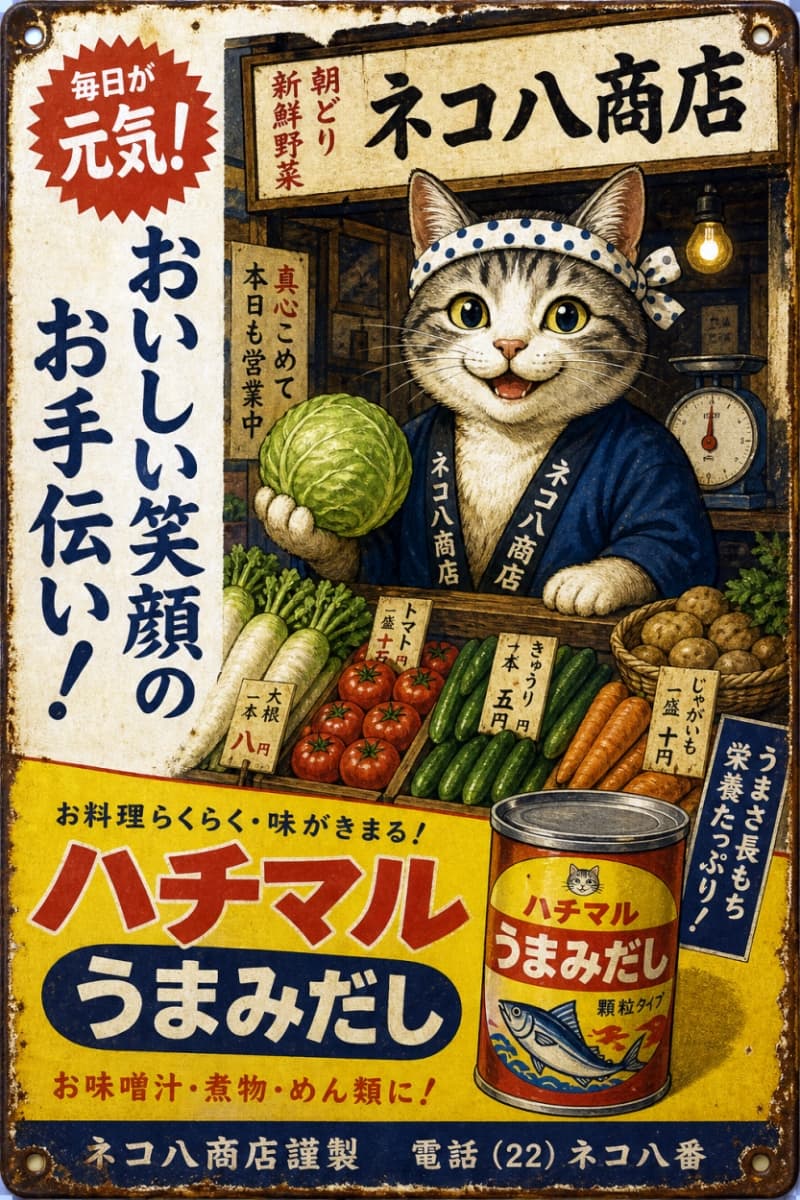 「今日も新鮮な野菜が勢揃い🍅 元気いっぱいのネコハ商店で、おいしい笑顔のお手伝いニャ！🥬✨」Ultra-realistic high-quality photograph of a vintage-style Japanese tin sign for "Nekohachi Store", illustrating a cat wearing a traditional headband and apron selling fresh vegetables like cabbage, radishes, and tomatoes. 「ネコハ商店」と書かれた昭和レトロなブリキ看板風のイラスト。ねじり鉢巻と前掛けをした猫が、キャベツや大根などの新鮮な野菜を販売している