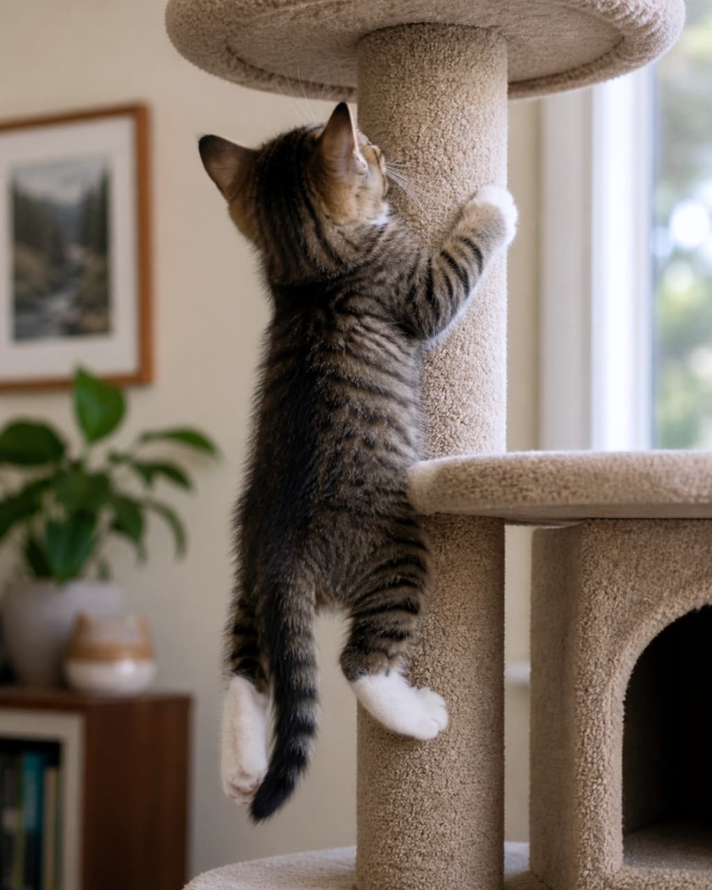 「よいしょ、よいしょ!🐾 一生懸命タワーをよじ登る、まんまるな後ろ姿のフォルムがたまらないですね🧗♂️✨ #子猫 #成長記録」Ultra-realistic high-quality photograph from behind of an active tabby kitten climbing up a scratching post on a cat tree indoors. キャットタワーの麻縄が巻かれた爪とぎポールにしがみつき、一生懸命によじ登ろうとしているキジトラ子猫の後ろ姿の高画質写真